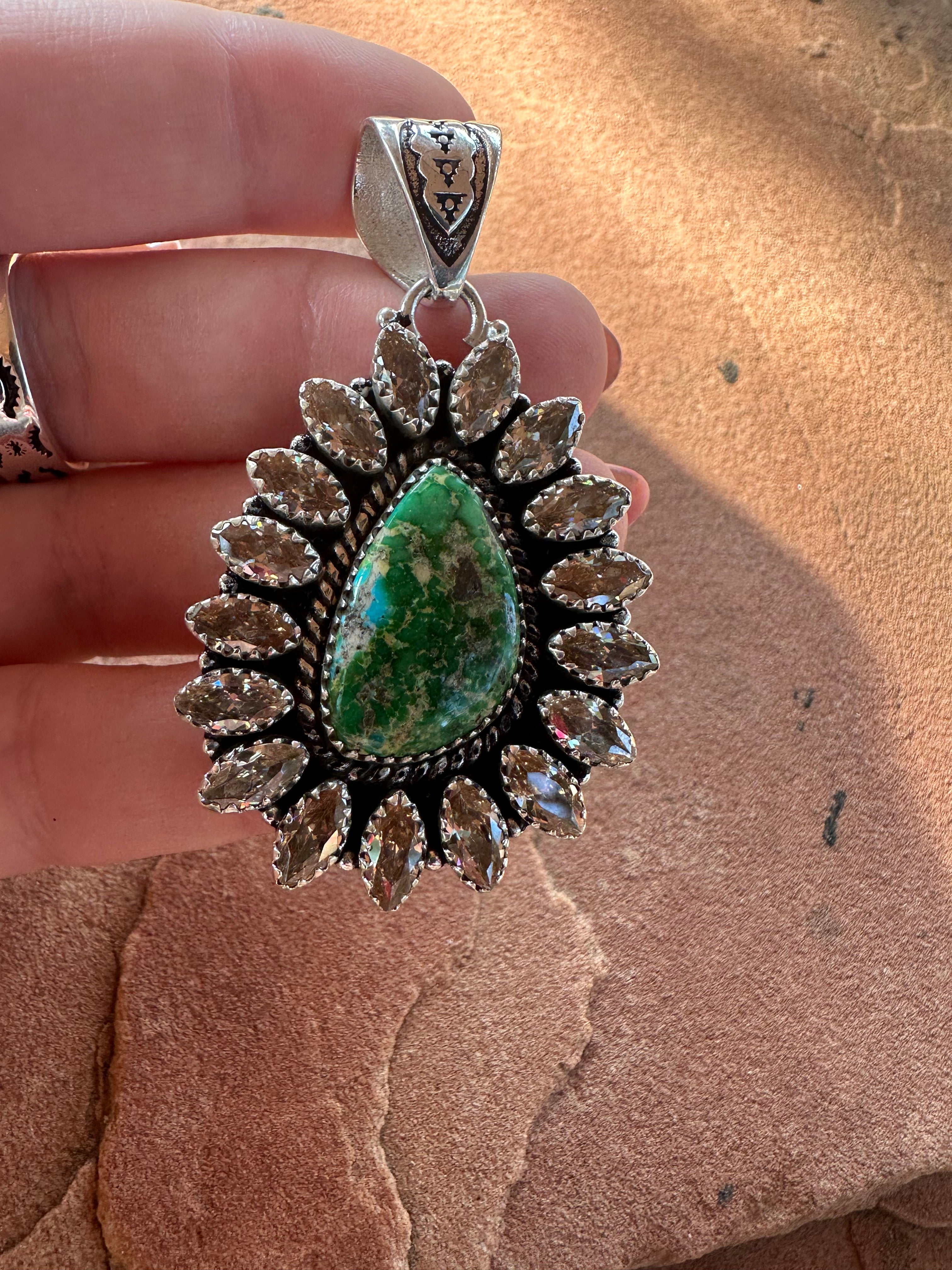 Handmade Sonoran Turquoise, Topaz & Sterling Silver Pendant Signed Nizhoni