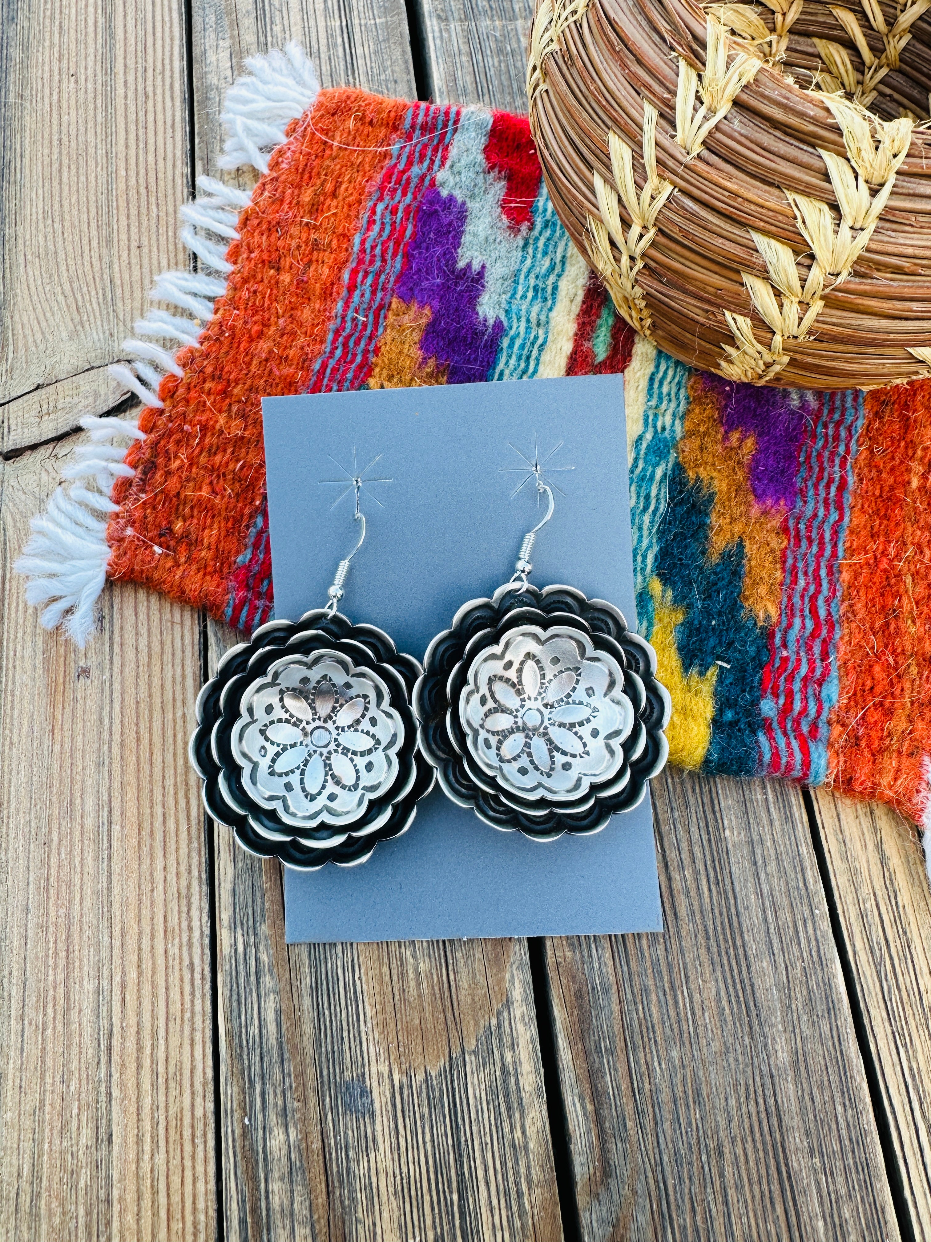 Handcrafted Sterling Silver Concho Dangle Earrings by Leander Tahe