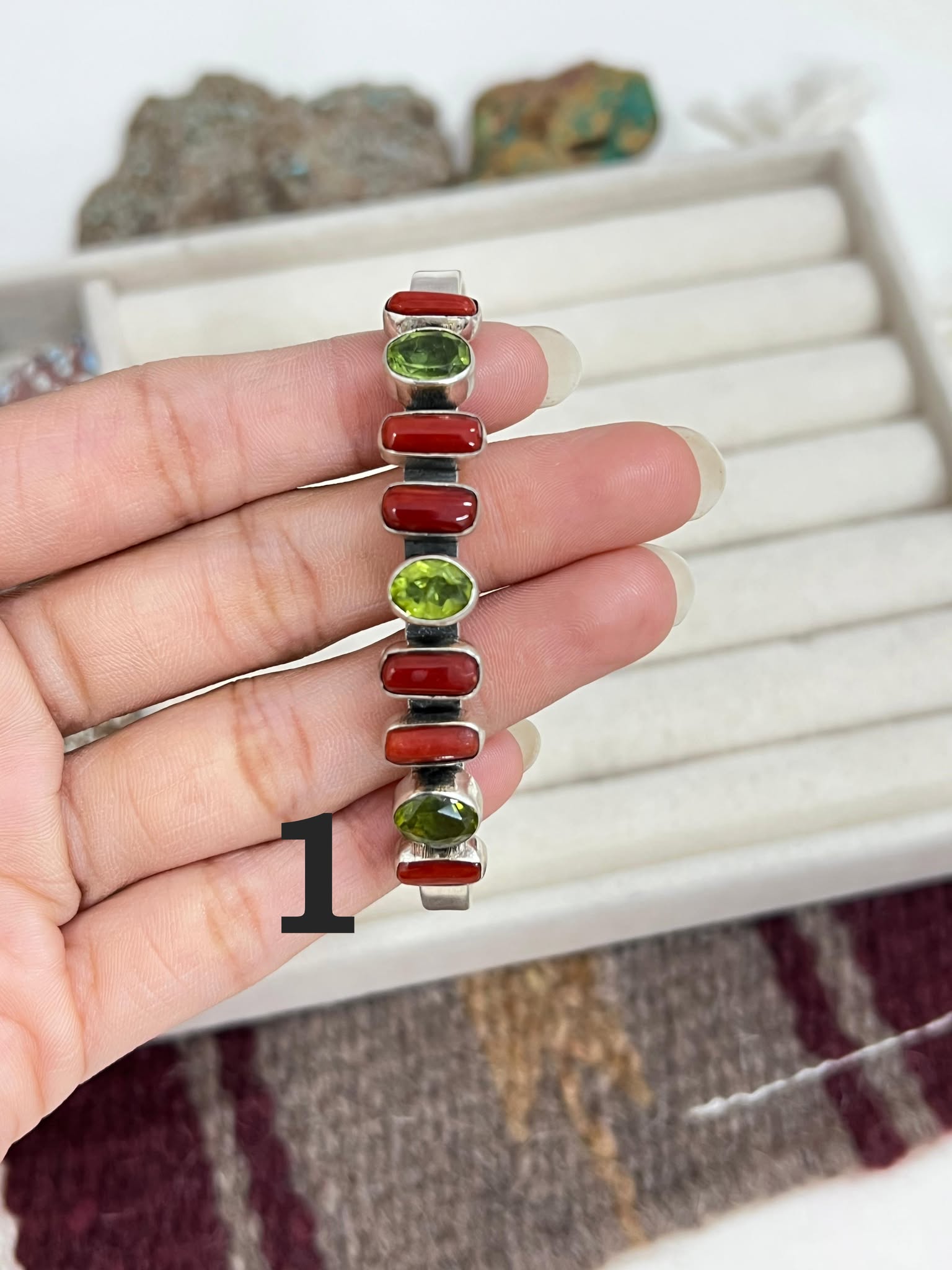 Christmas Collection Handmade Sterling Silver Coral with Peridot Bracelet with Signed Nizhoni