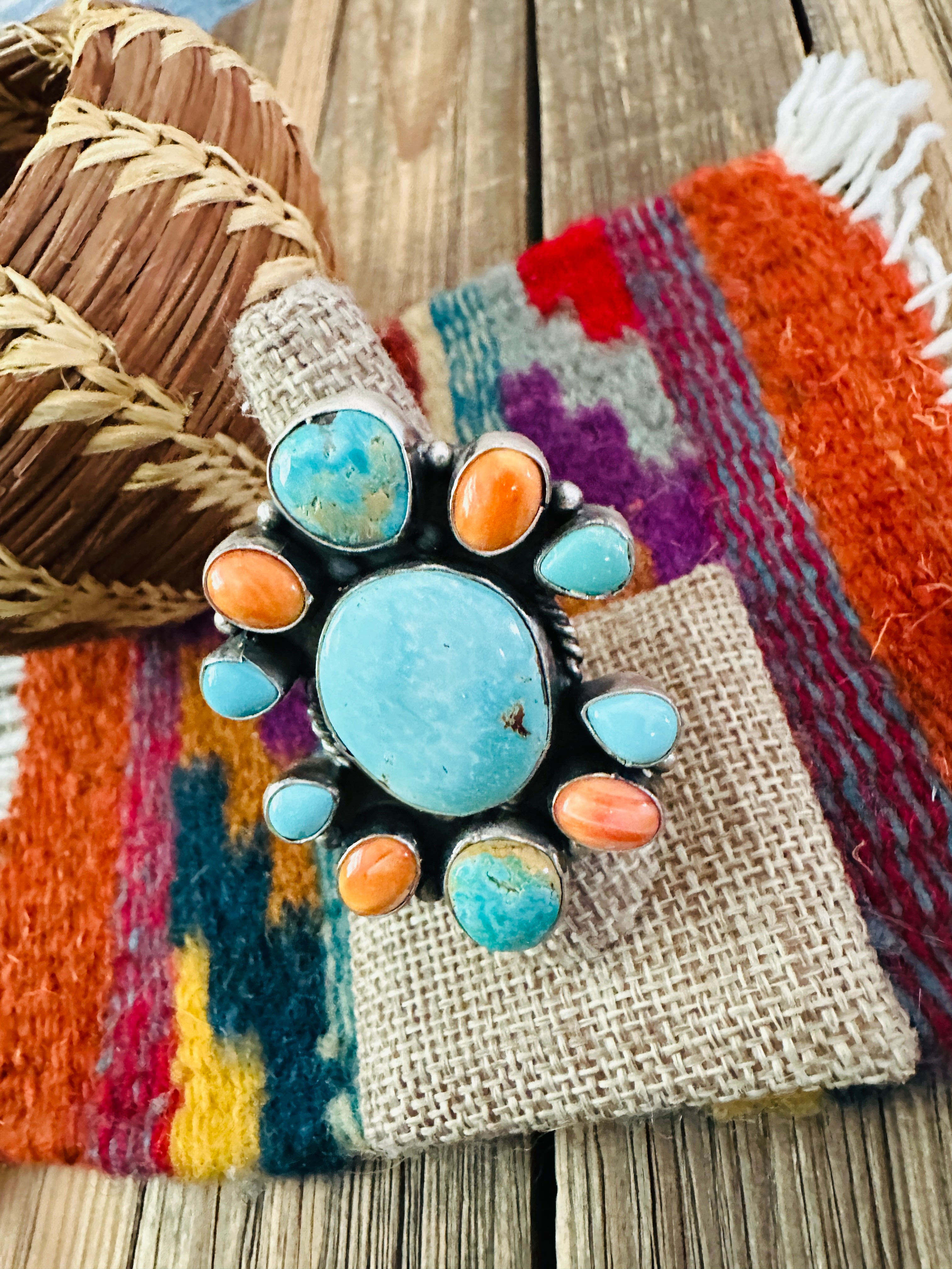 Handcrafted Spiny, Turquoise & Sterling Silver Cluster Ring Size 8.5 by Sheila Becenti