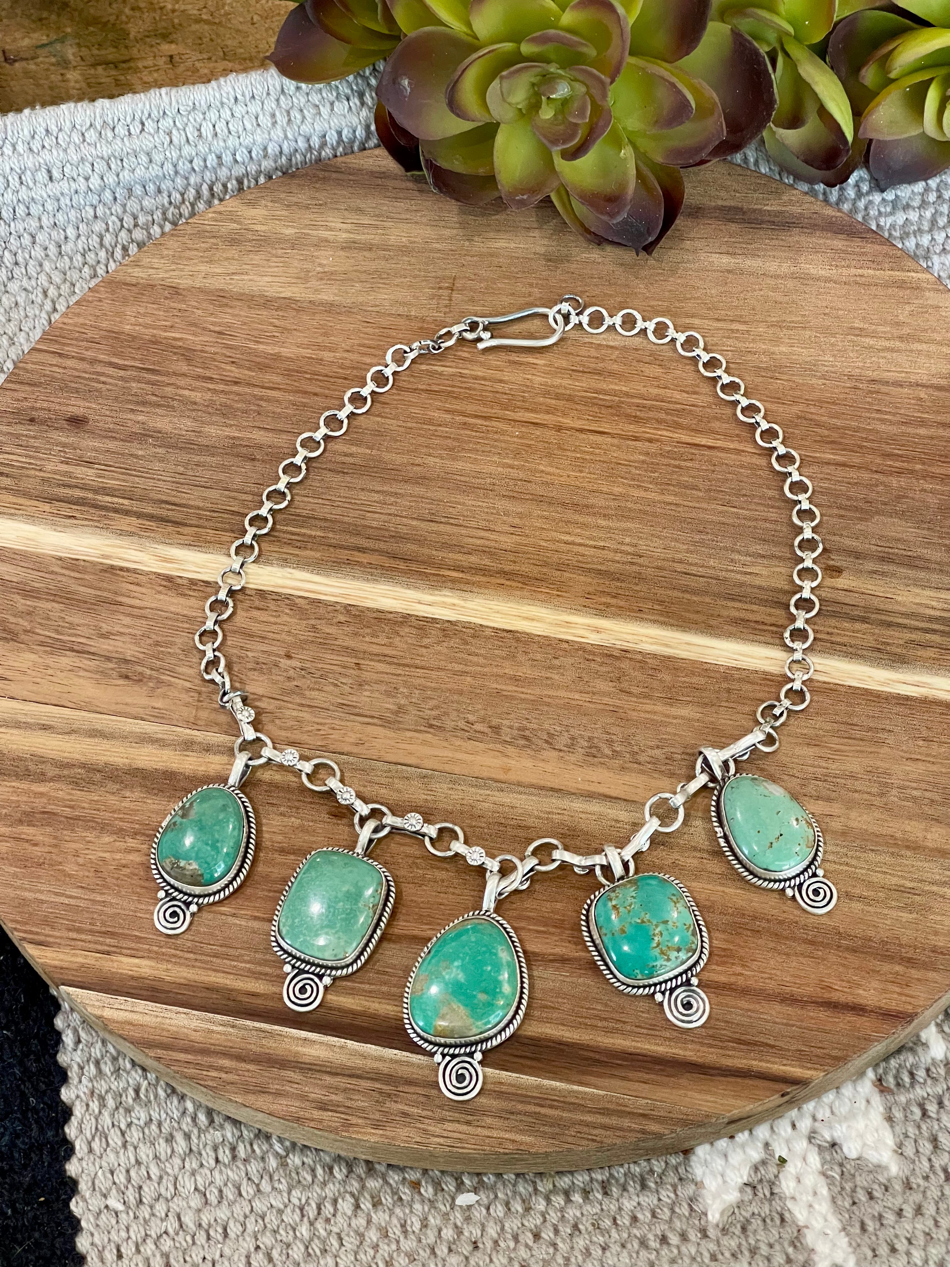 Handmade Sterling Silver & Royston Turquoise Dangle Necklace Signed Nizhoni