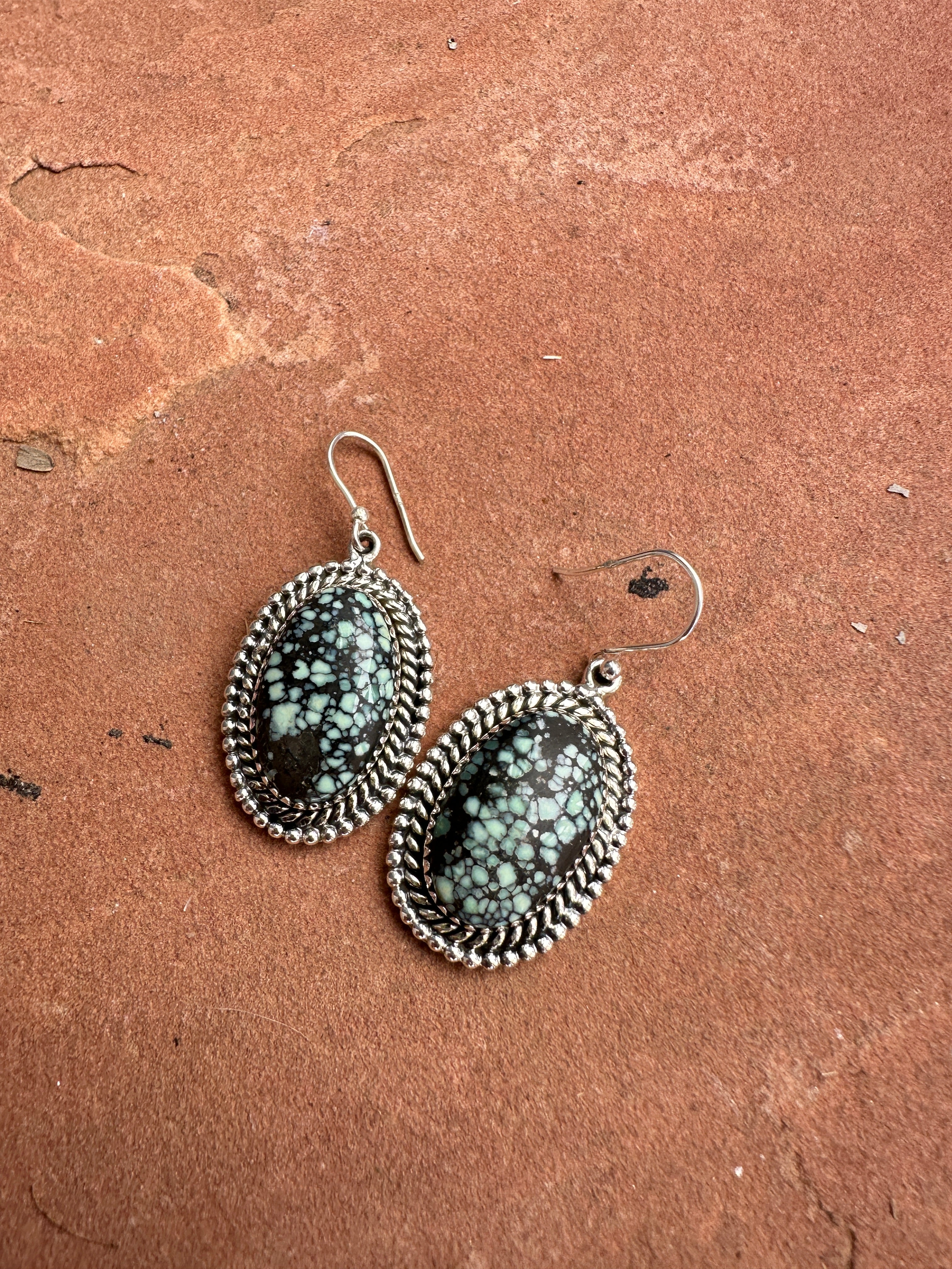 Handmade New Lander Turquoise and Sterling Silver Dangles 1