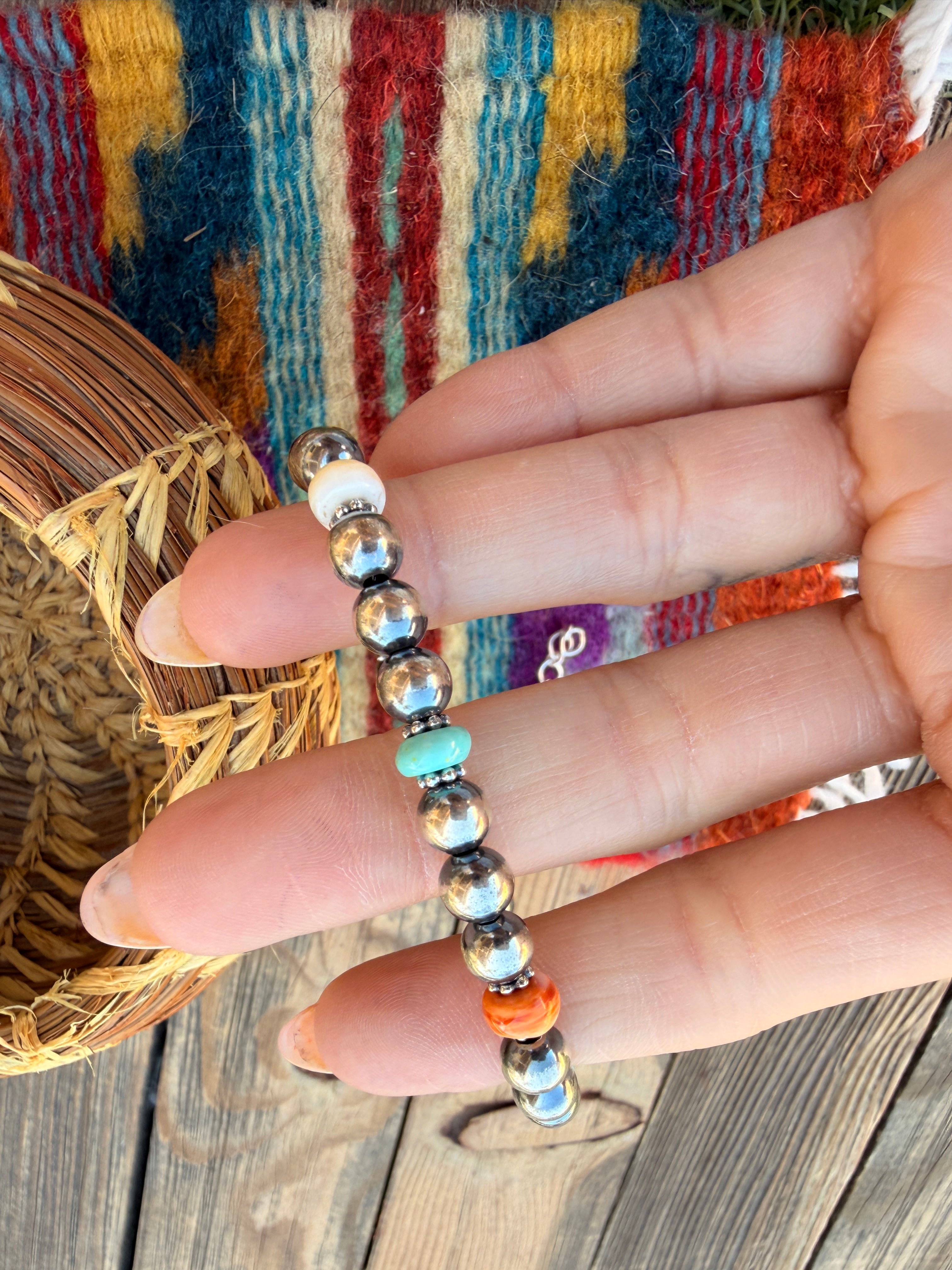 Handcrafted Turquoise, Spiny Oyster & Sterling Silver Pearl Beaded Bracelet
