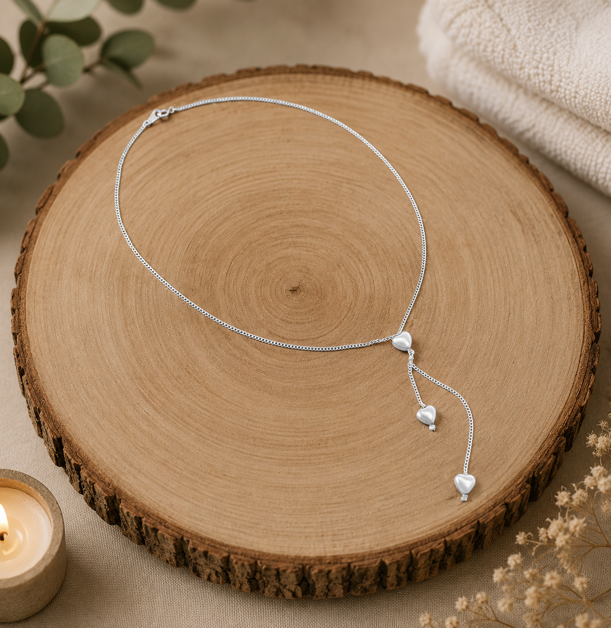 Puffed Hearts Lariat Sterling Silver Necklace