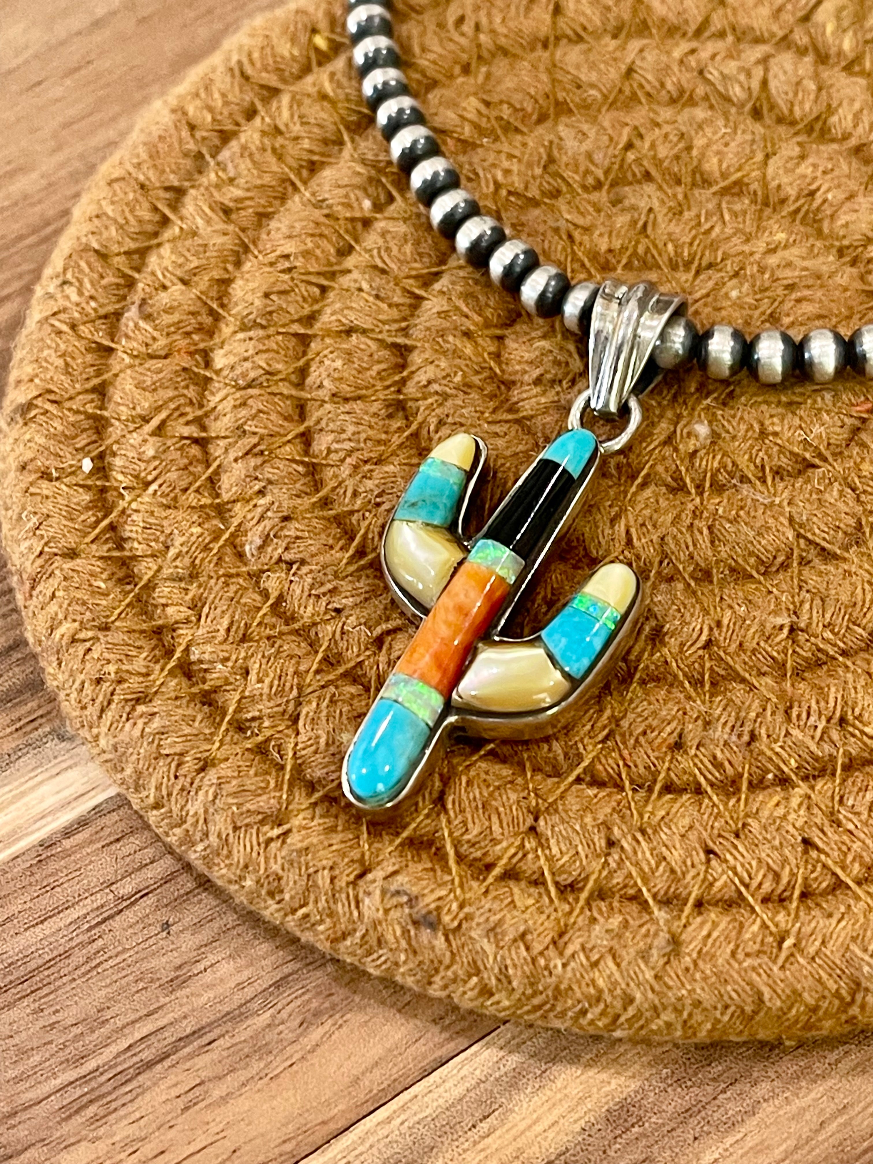 Handmade Sterling Silver & Multi Stone Cactus Pendant