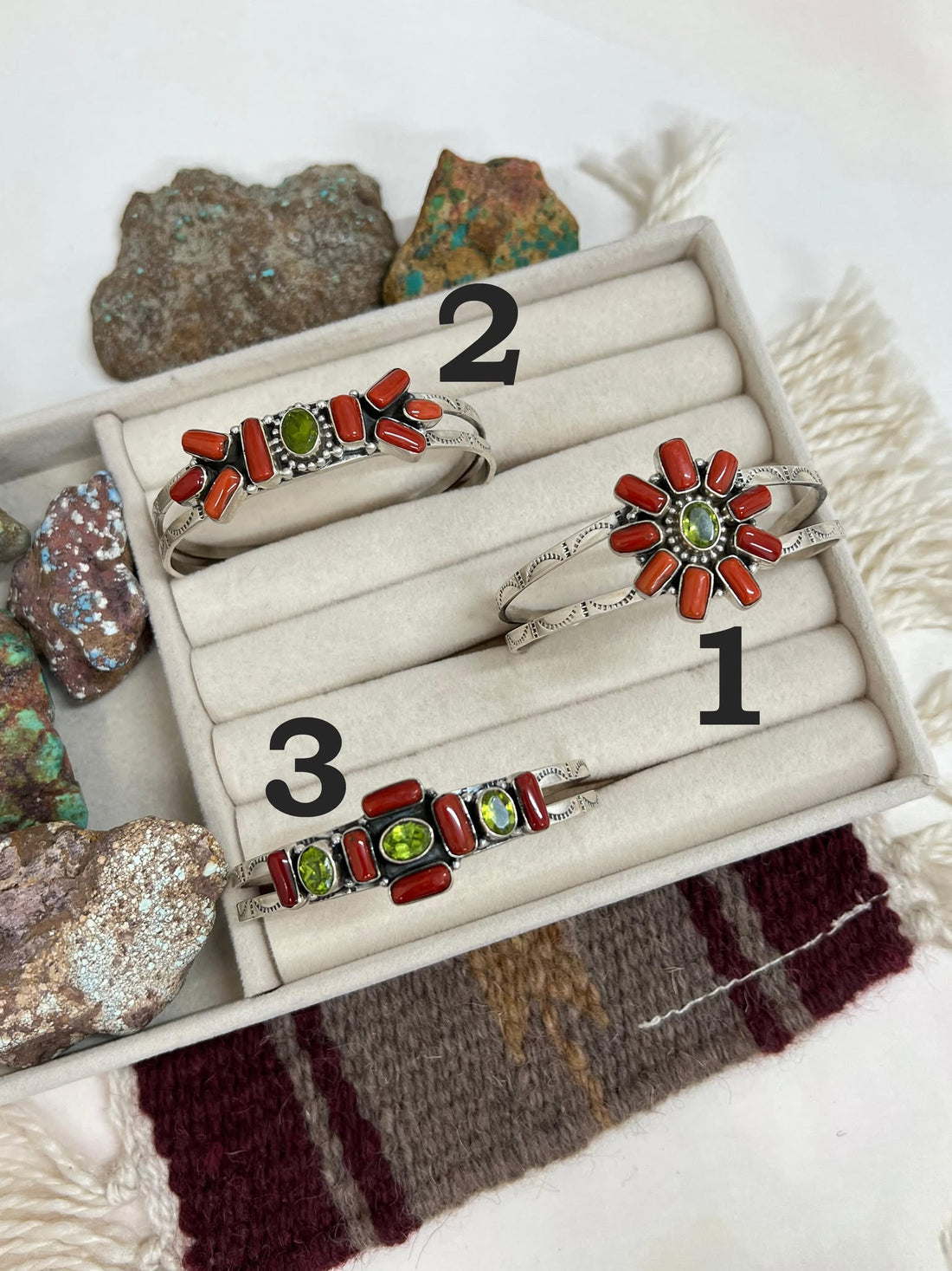 Christmas Collection Handmade Sterling Silver Coral with Peridot Bracelet with Signed Nizhoni