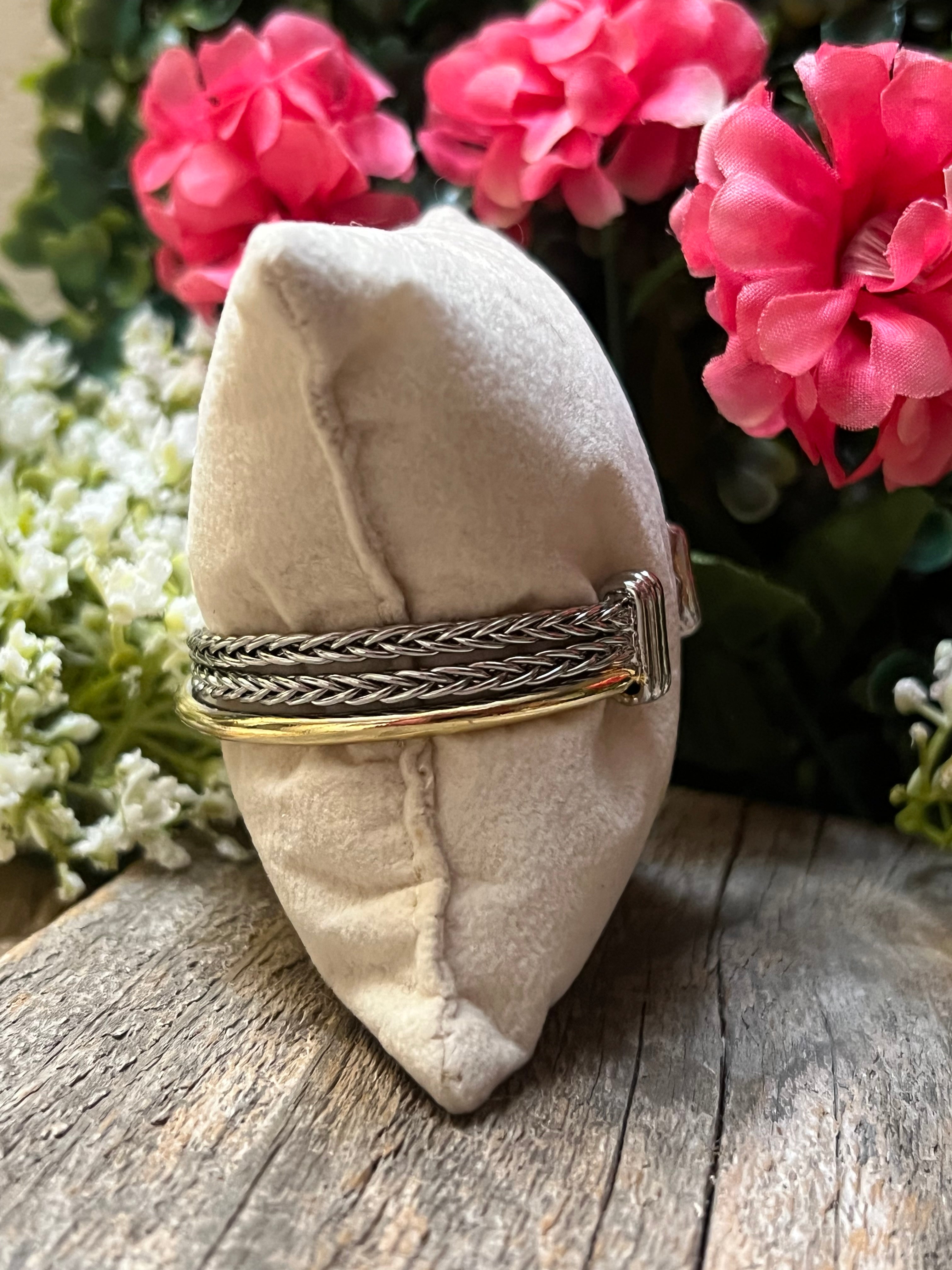 Silver & 14k Gold Plated Two Tone Ponytail Crossover Bangle Bracelet