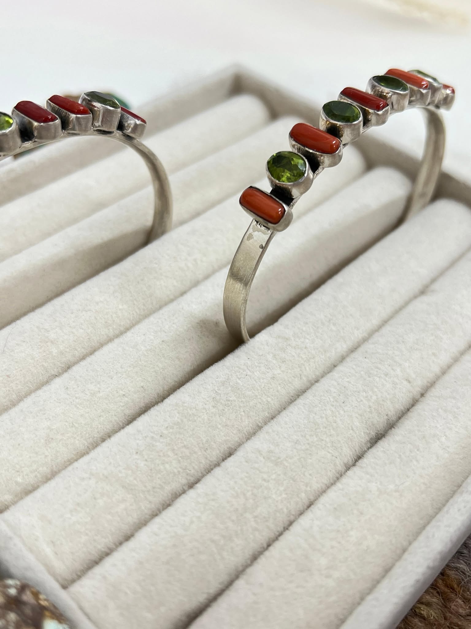 Christmas Collection Handmade Sterling Silver Coral with Peridot Bracelet with Signed Nizhoni