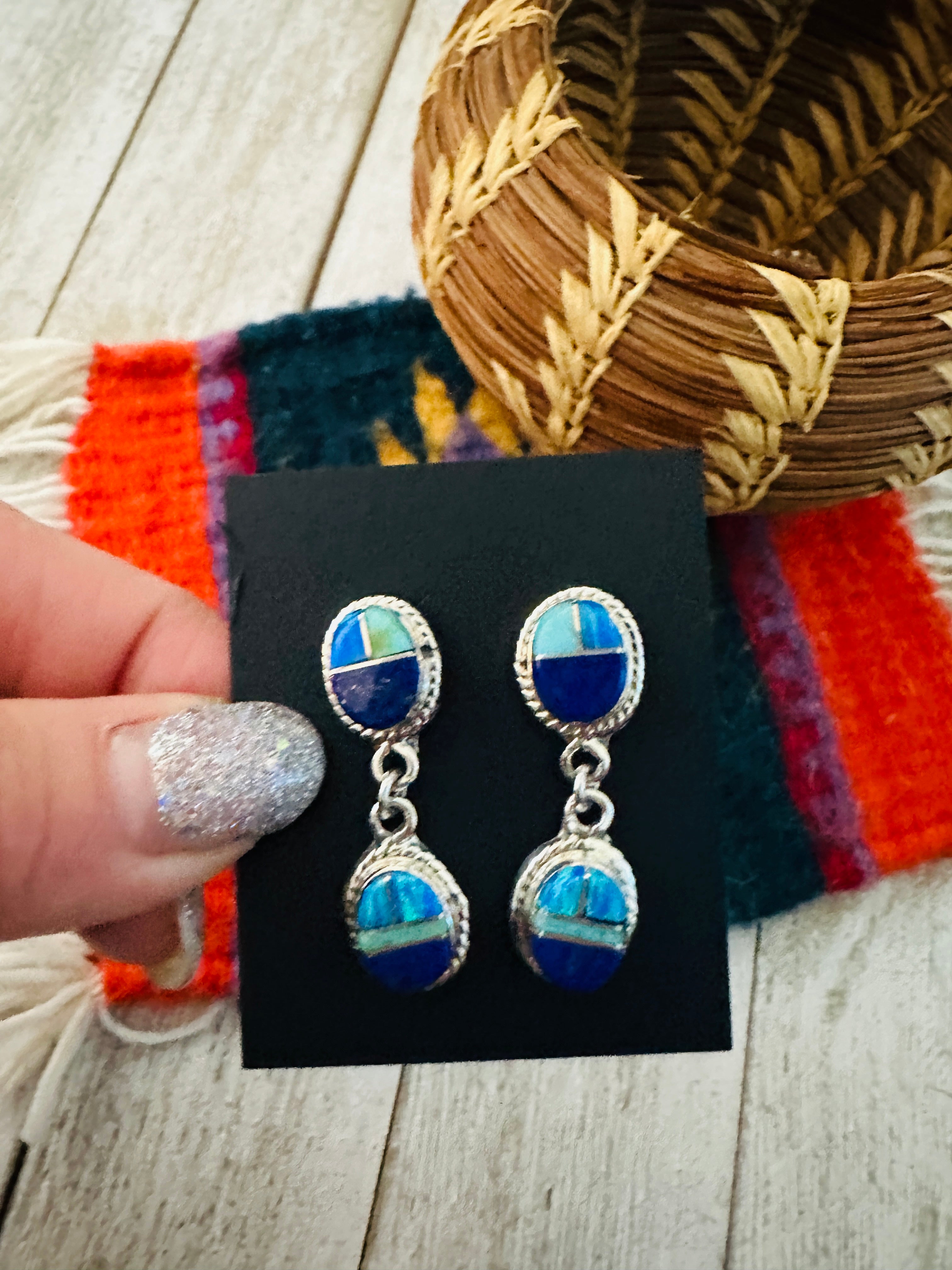 Navajo Sterling Silver & Multi Stone Inlay Dangle Earrings