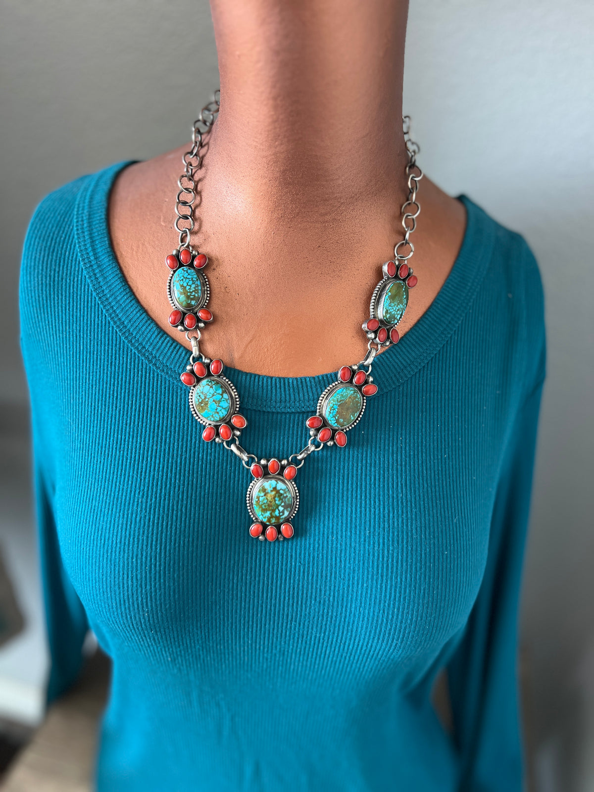 Taos Collection: Handcrafted Sterling Silver, Kingman Turquoise and Mediterranean Coral Necklace & Earrings Set by Kathleen Chavez