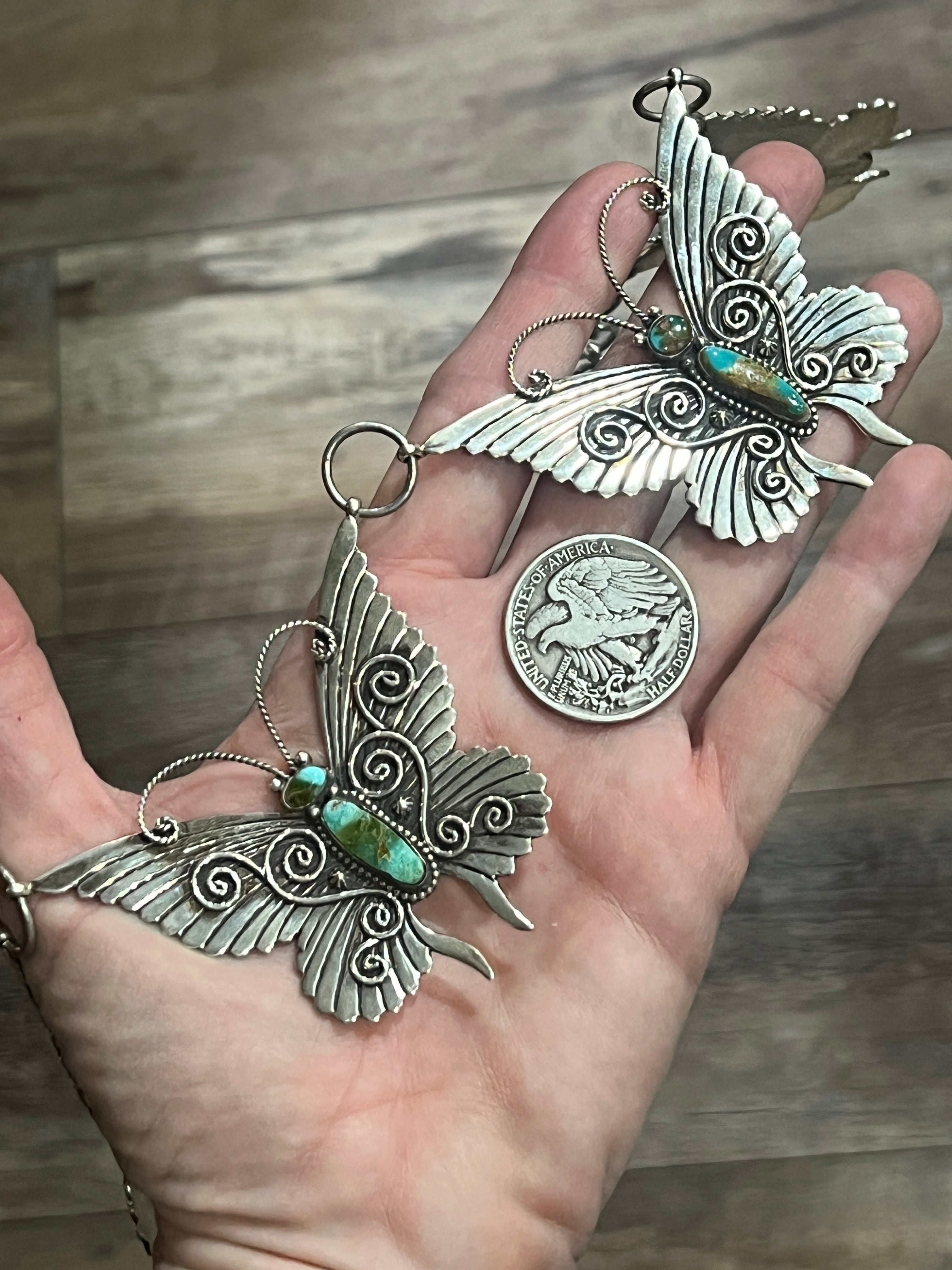 Lee Charley Handcrafted Sterling Silver and Turquoise Butterfly Lover’s Link Necklace, Belt or Hat Adornment