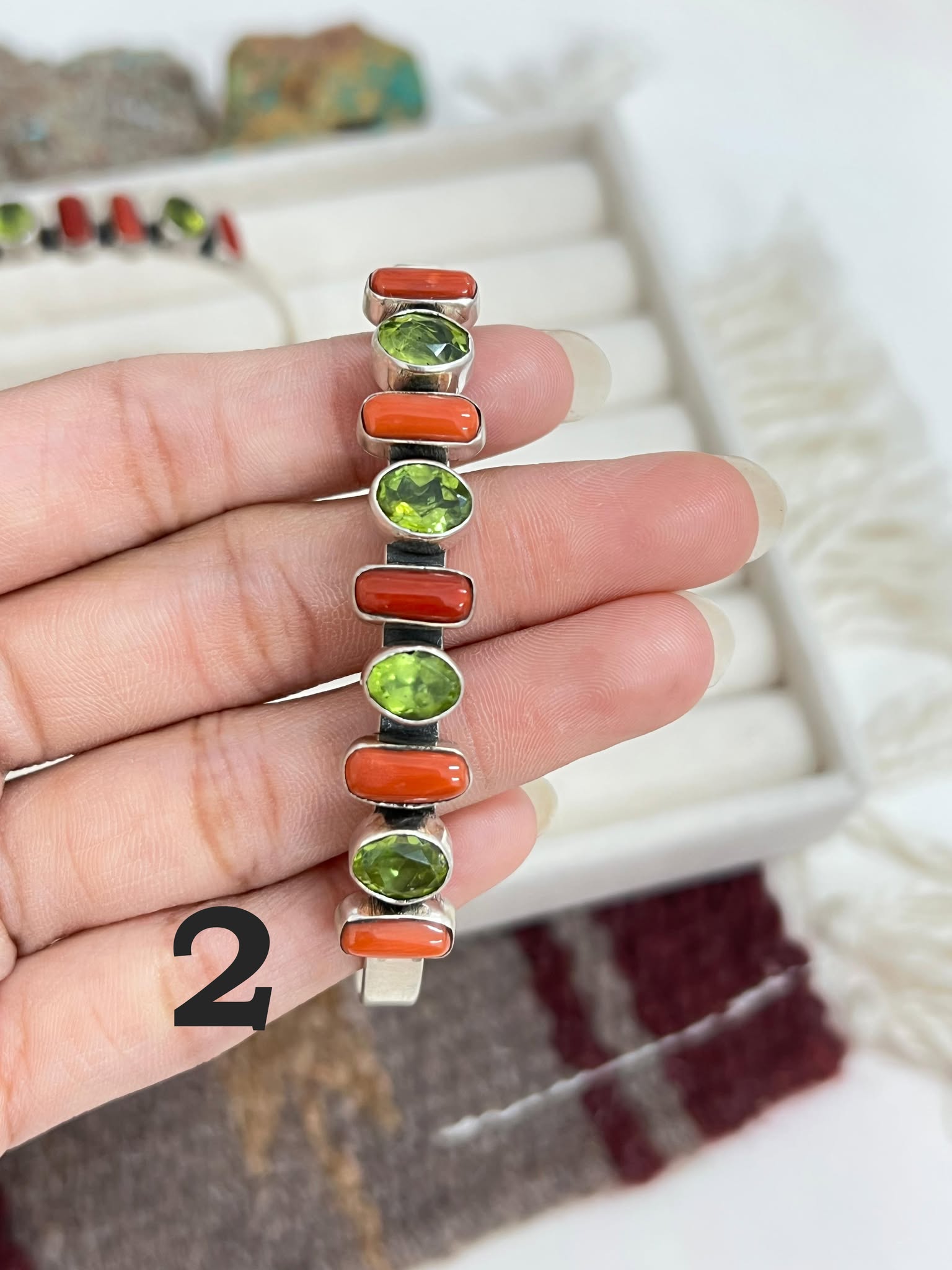 Christmas Collection Handmade Sterling Silver Coral with Peridot Bracelet with Signed Nizhoni