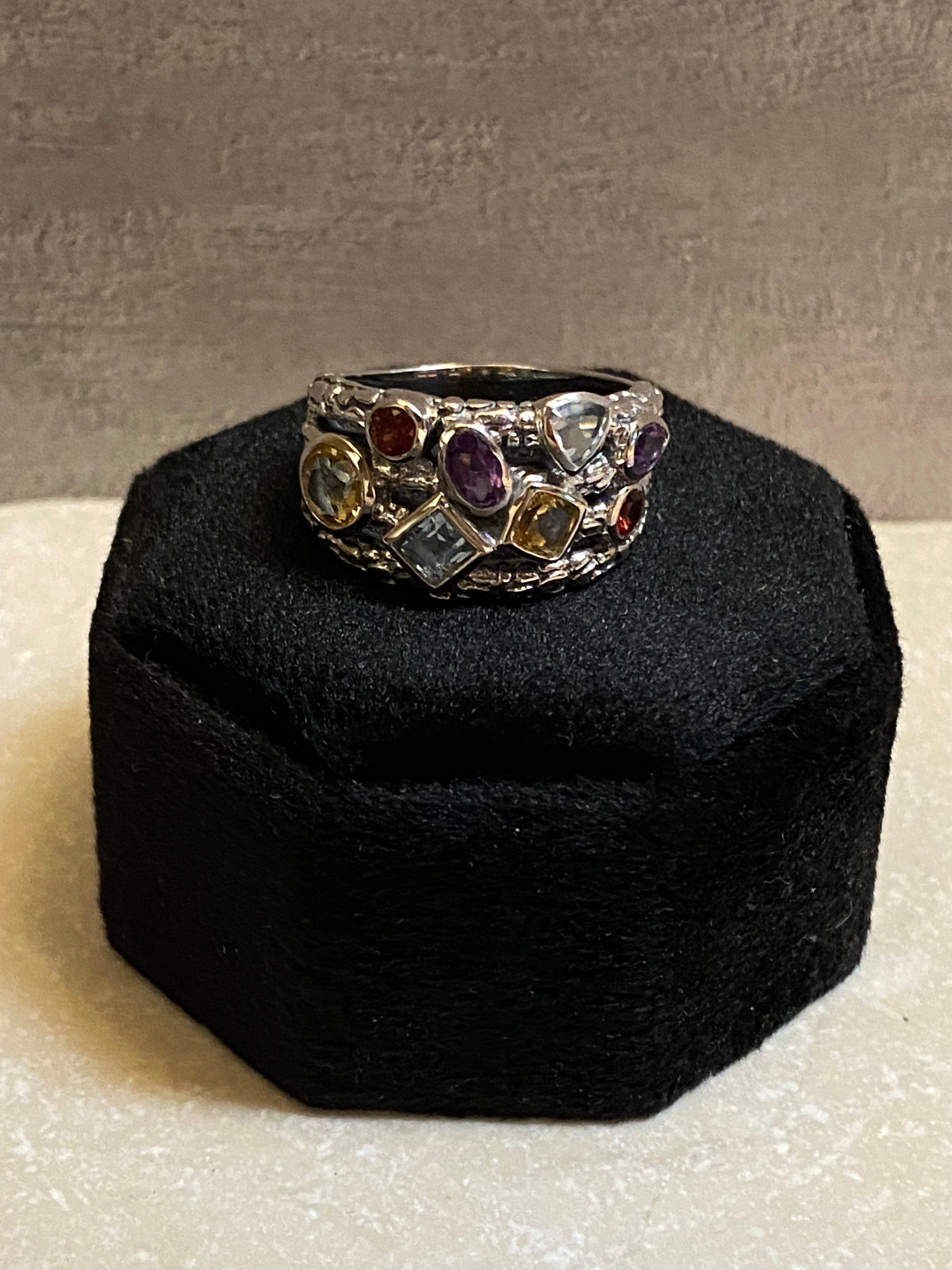 Sterling Silver Amethyst, Blue Topaz, Citrine, & Garnet Ring Size 8.5