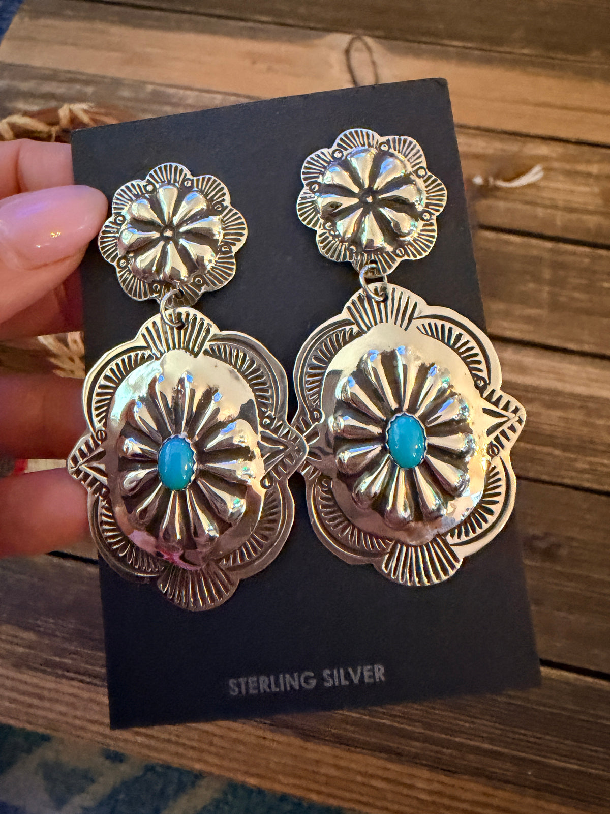 Handcrafted Turquoise & Sterling Silver Concho Dangle Earrings by Genevieve Blackgoat