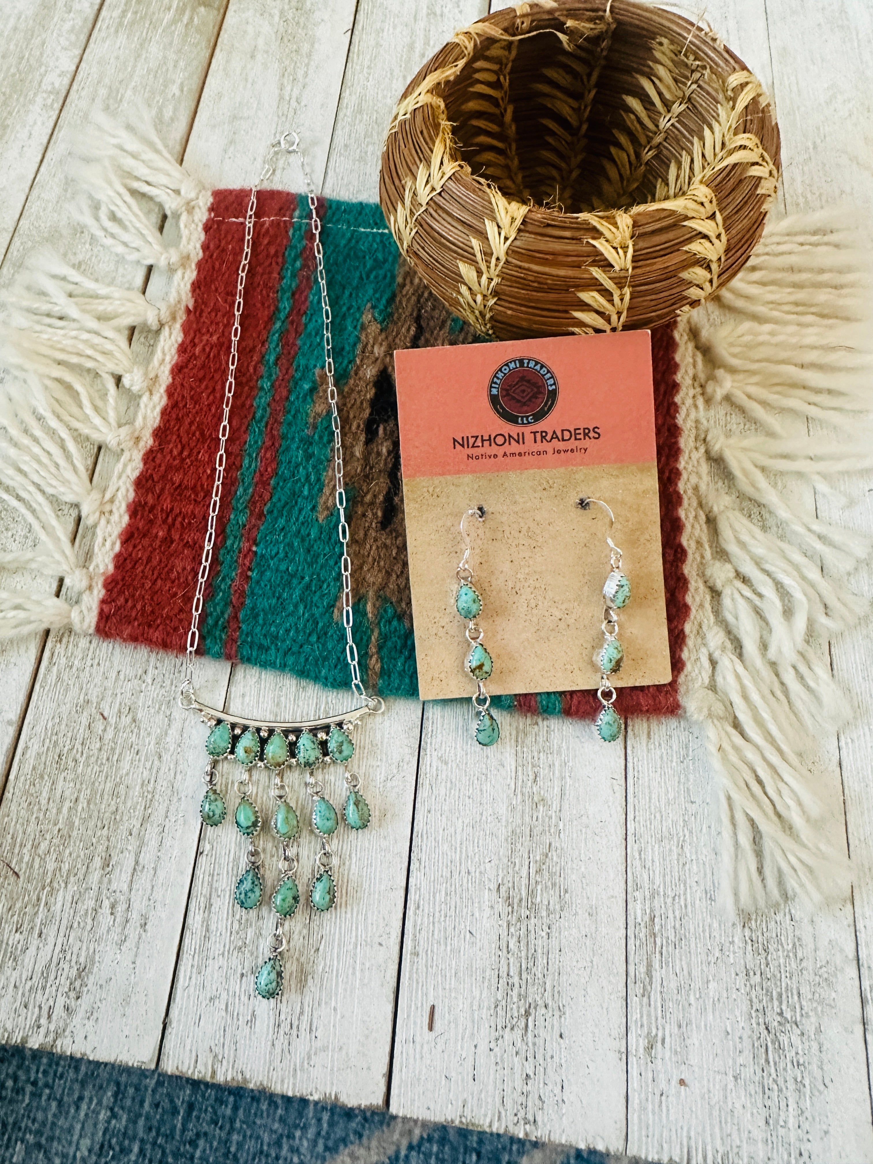 Handcrafted Sterling Silver & Turquoise Chandelier Necklace and Earring Set