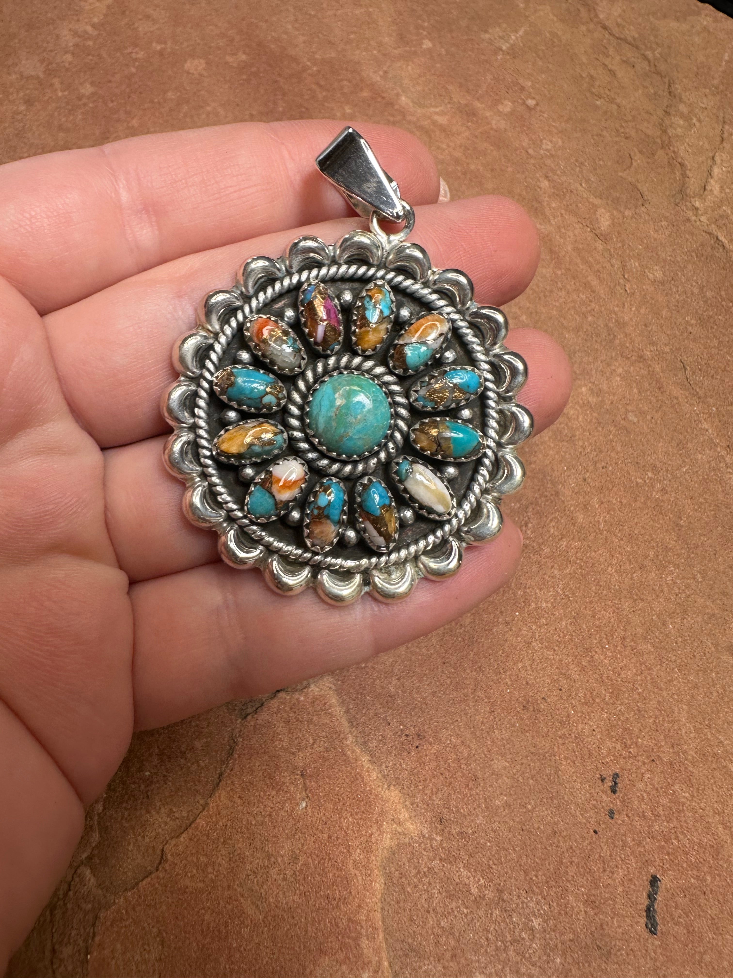 Beautiful Handmade Sterling Silver, Spice & Turquoise Cluster Pendant