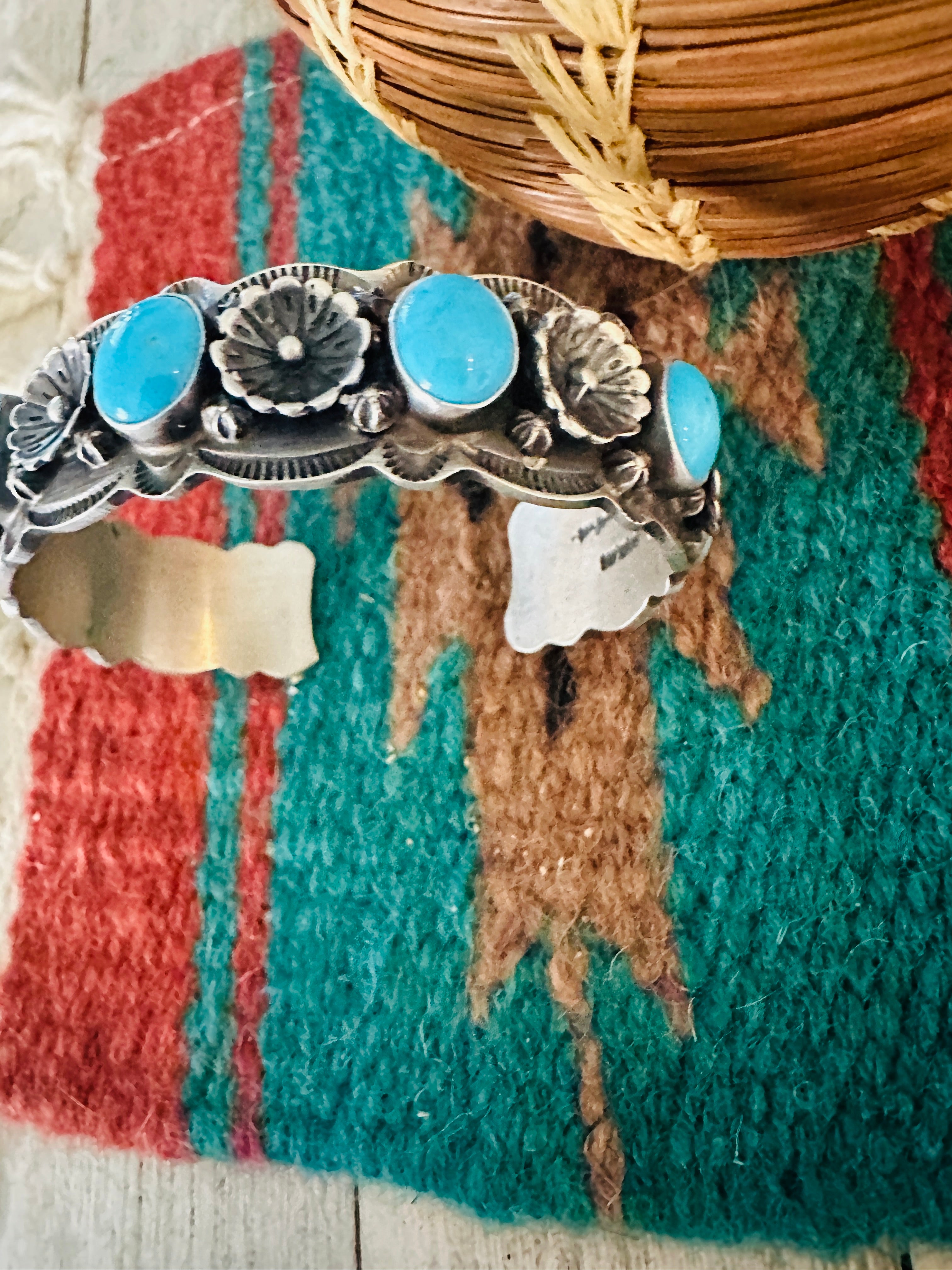 Navajo Turquoise & Sterling Silver Flower Cuff Bracelet