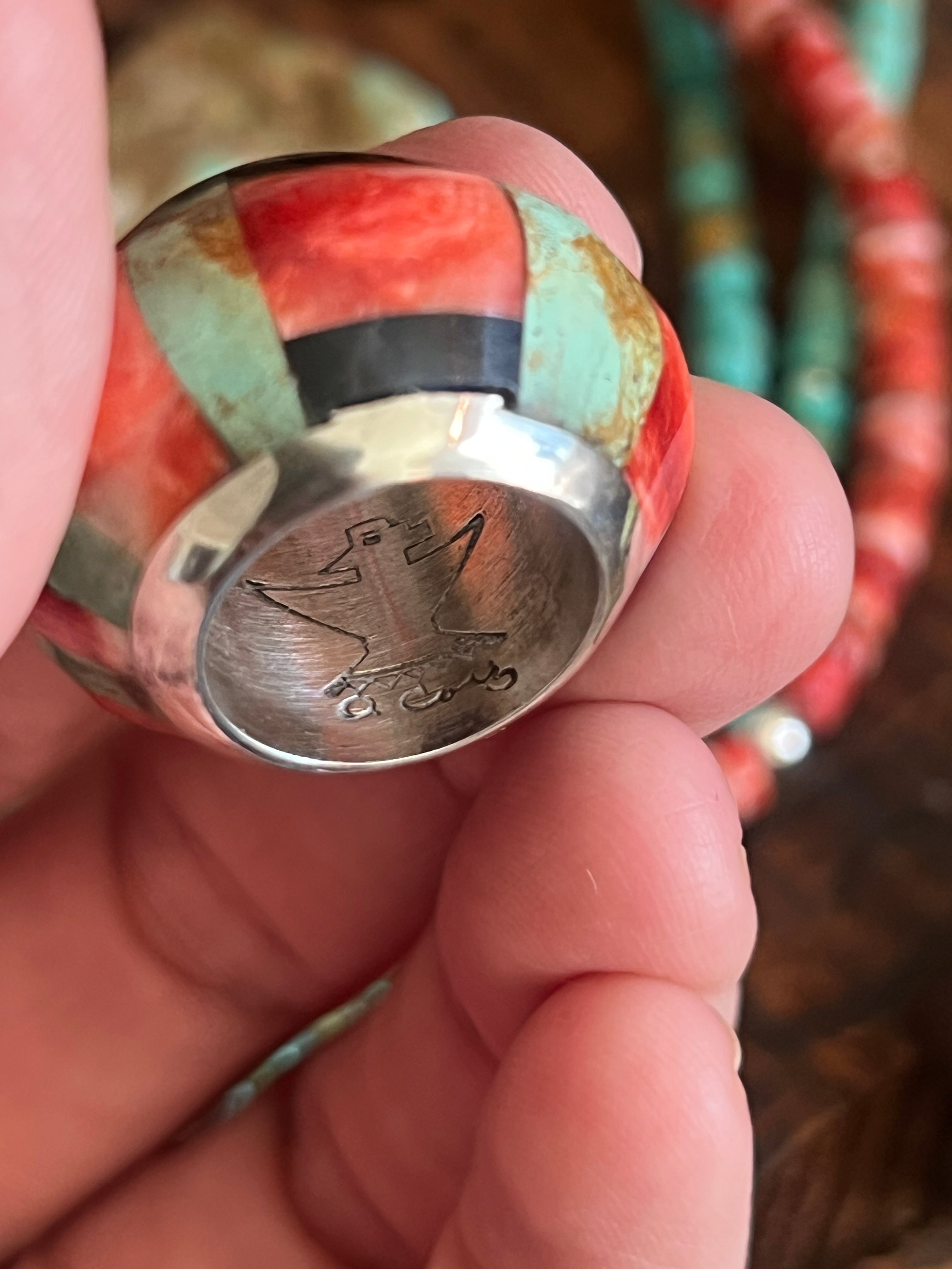 Daniel Coriz Triple Strand Spiny Oyster and Turquoise Beaded Necklace w/ Removable Sterling Silver & Stone Inlay Bead