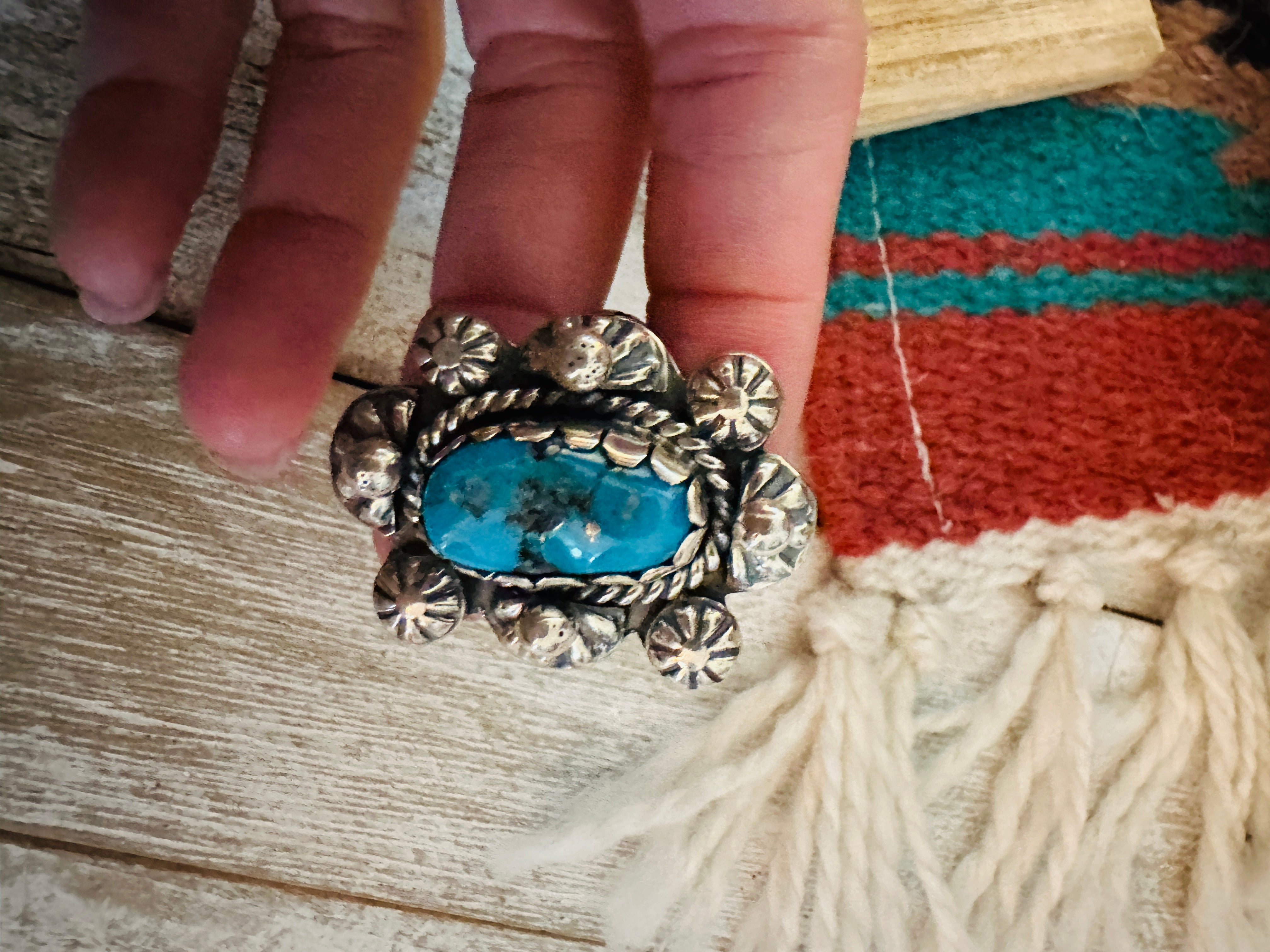 Navajo Sterling Silver & Kingman Turquoise Ring Size 11