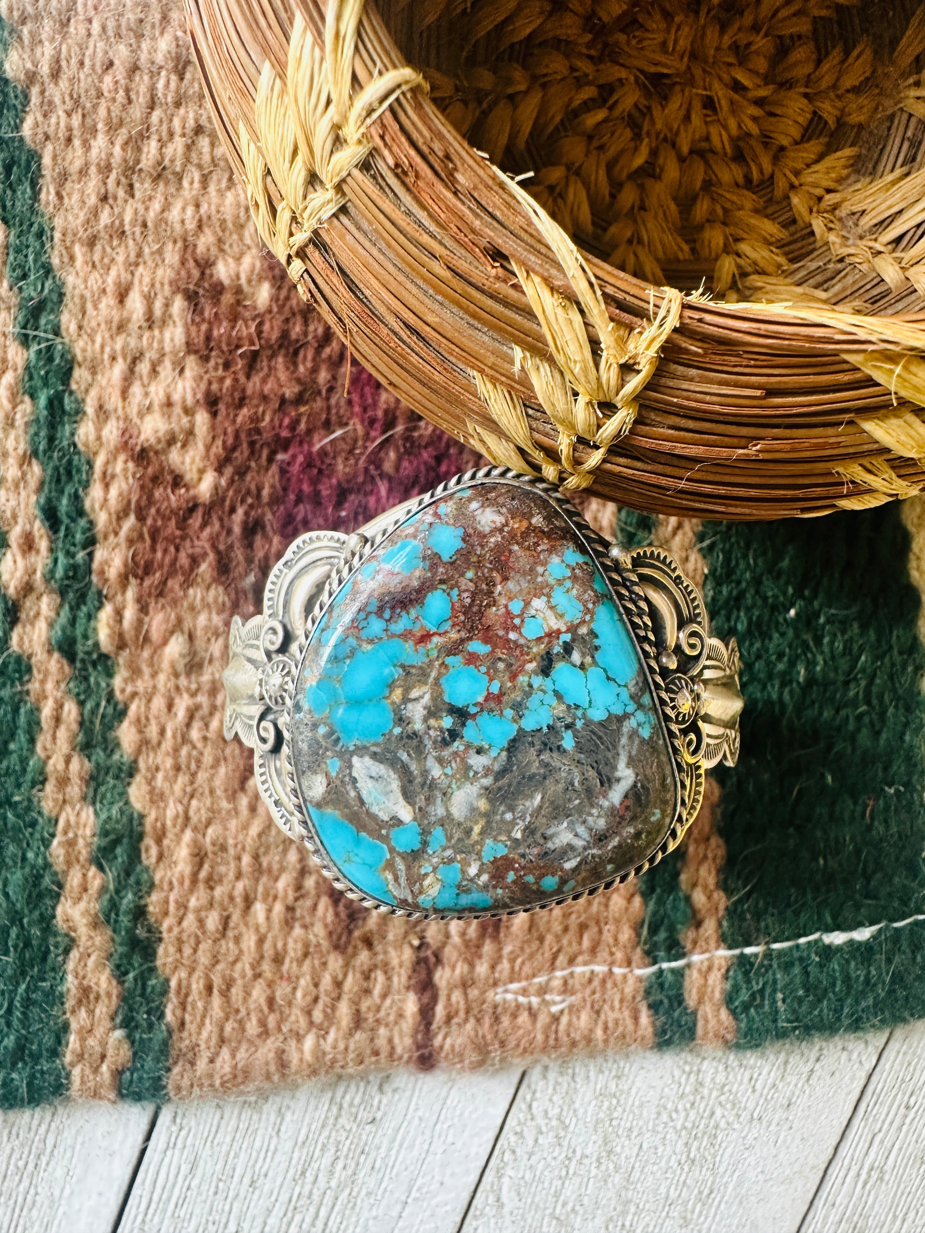 Navajo Sterling Silver & Bisbee Turquoise Cuff Bracelet