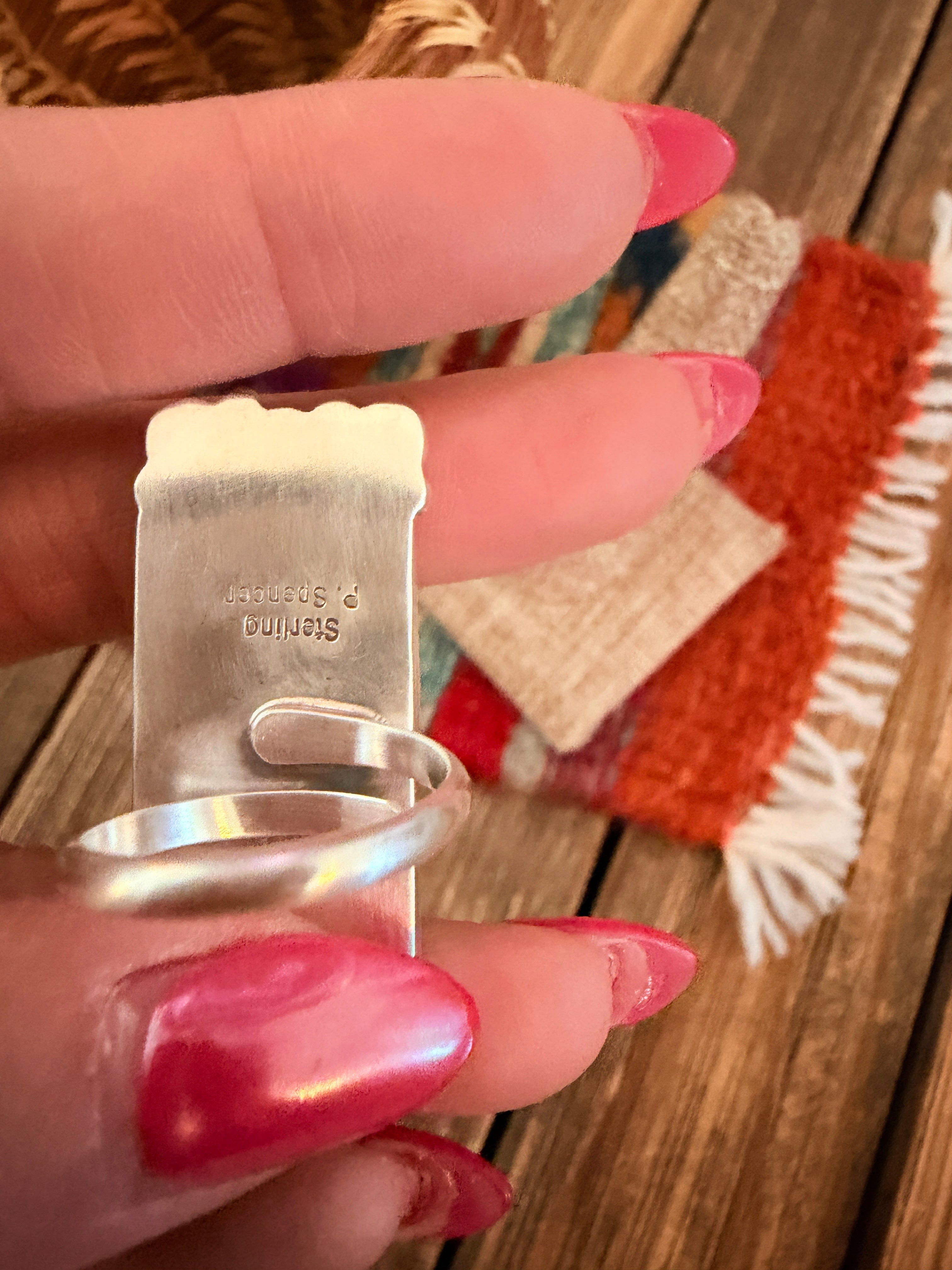 Handcrafted White Buffalo & Queen Pink Conch & Sterling Silver Adjustable Ring