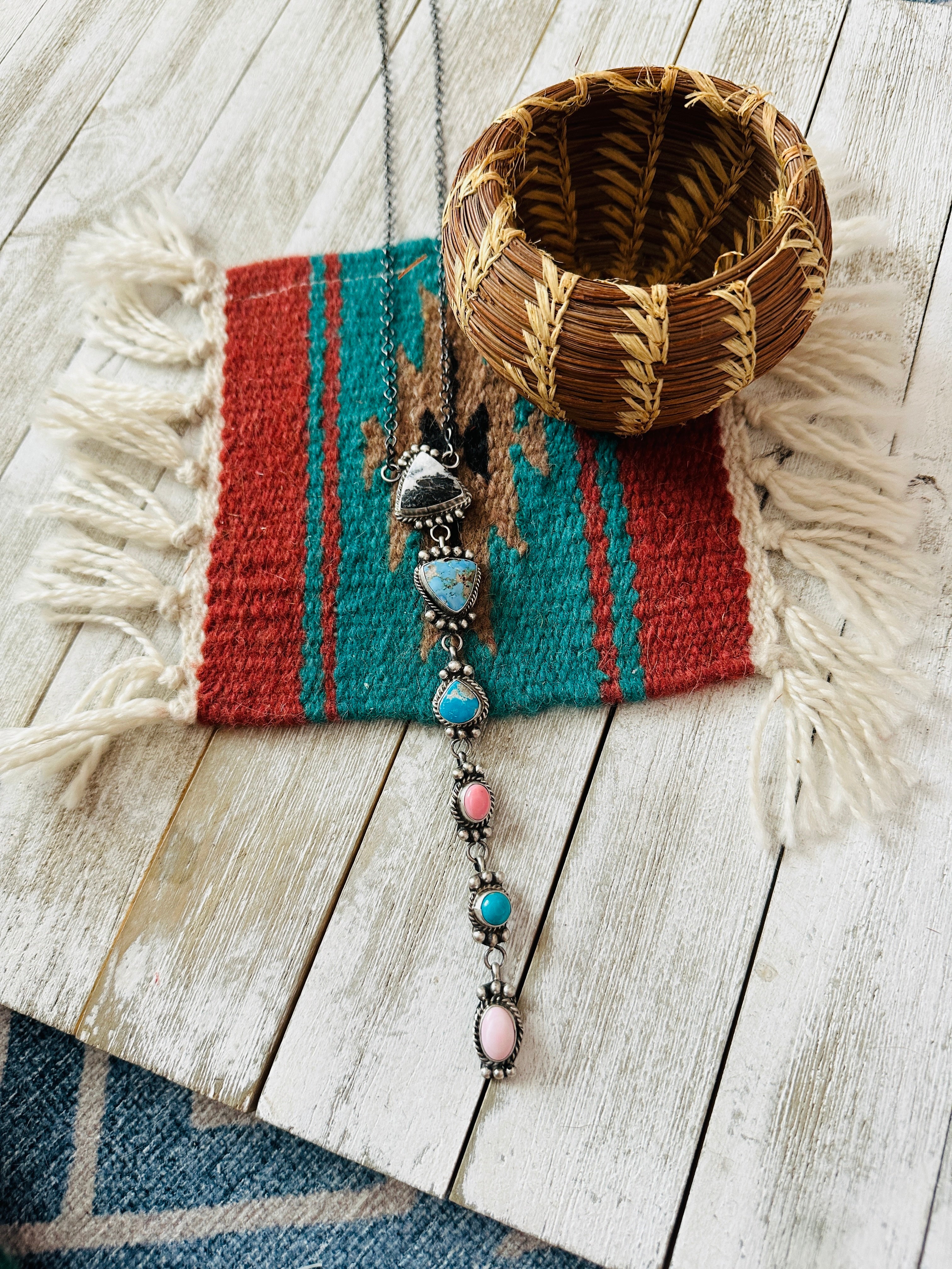 Handcrafted Sterling Silver & Multi Stone Lariat Necklace