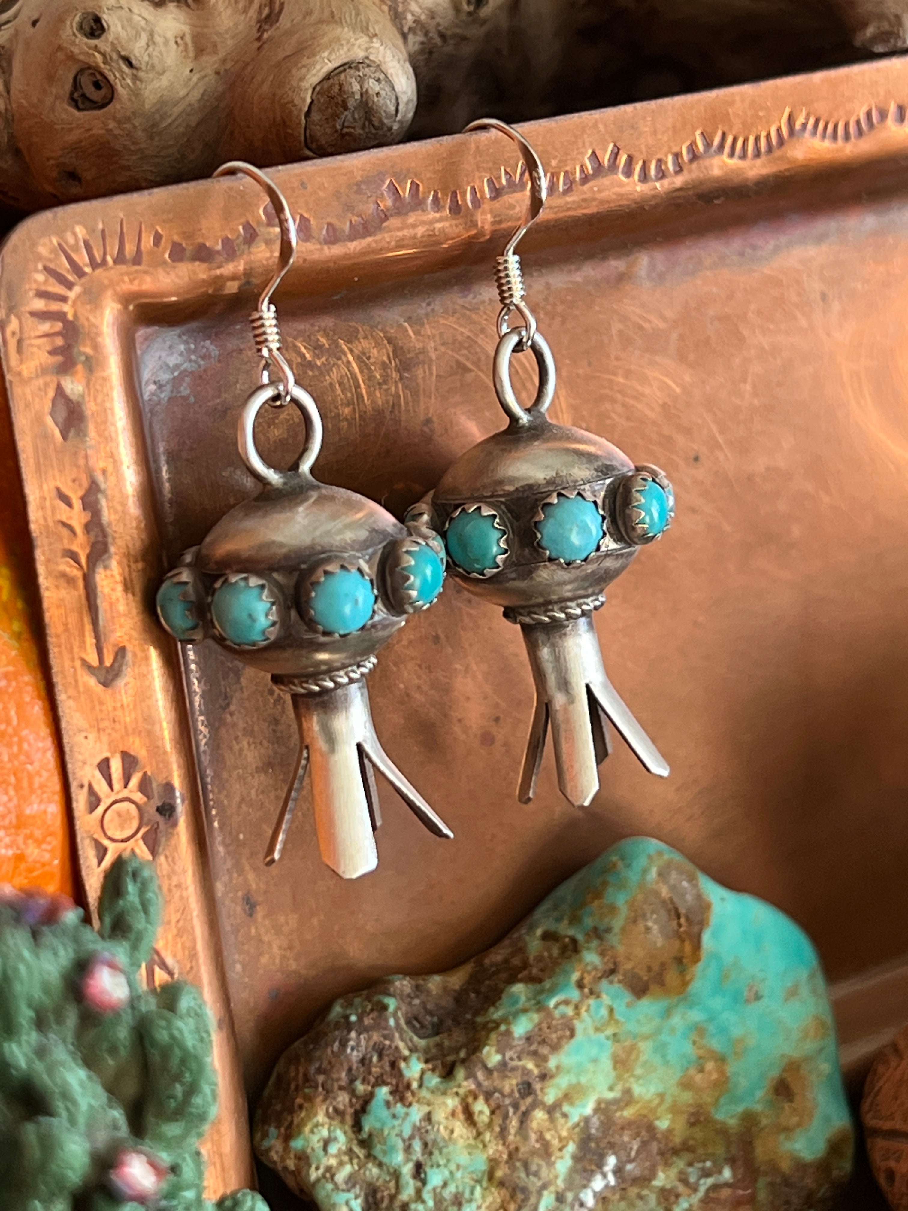 Handcrafted Sterling Silver Blossom Dangle Earrings with Turquoise by Monica Smith