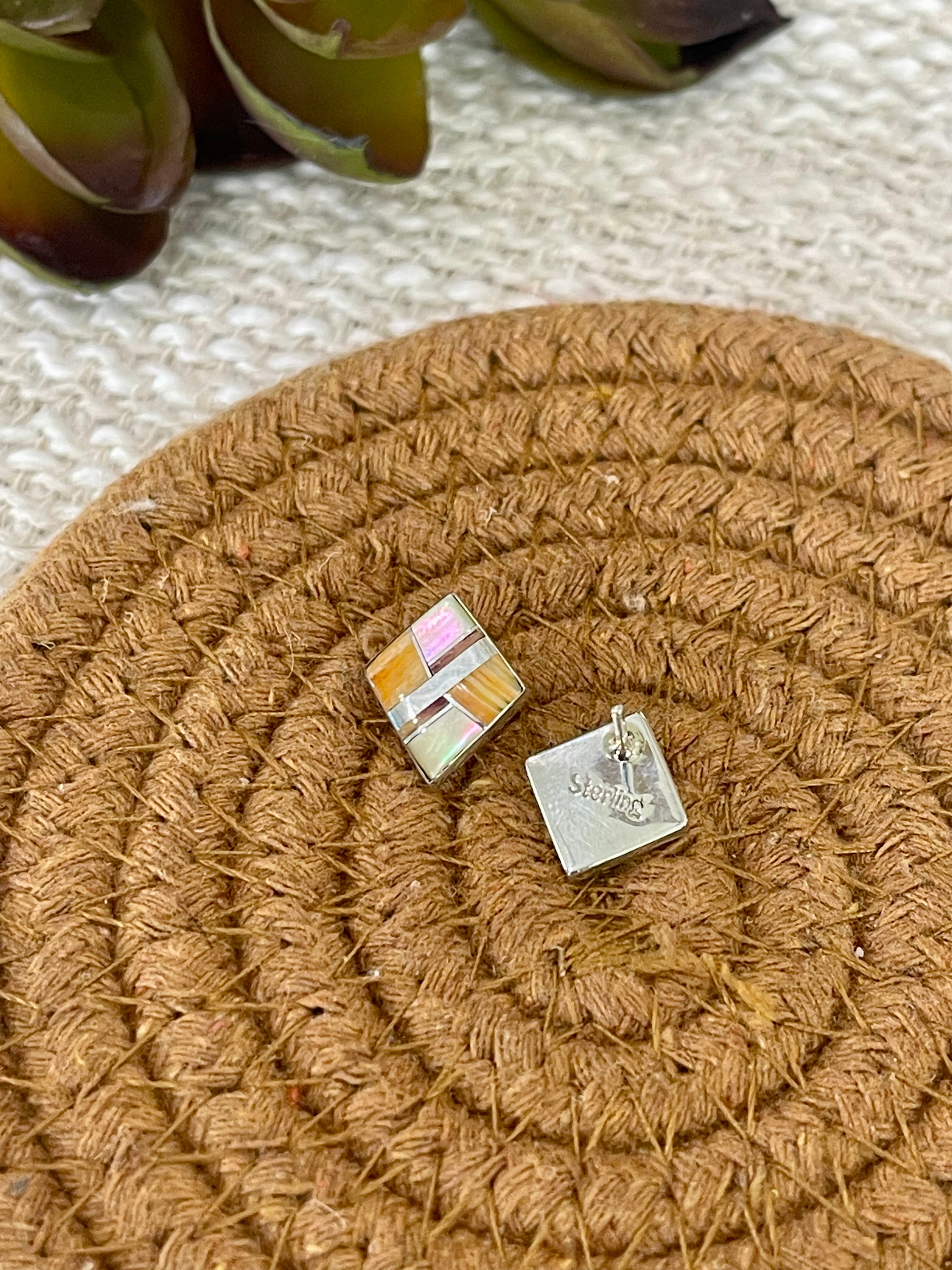 Gorgeous Handmade Sterling Silver & Multi Stone Inlay Stud Earrings