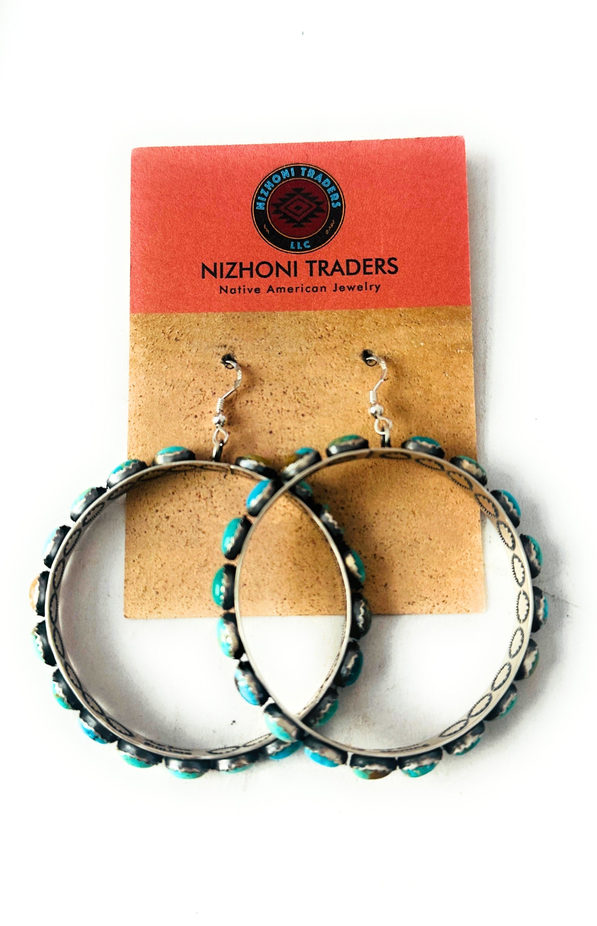 Navajo Turquoise & Sterling Silver Dangle Hoop Earrings by Lerry James