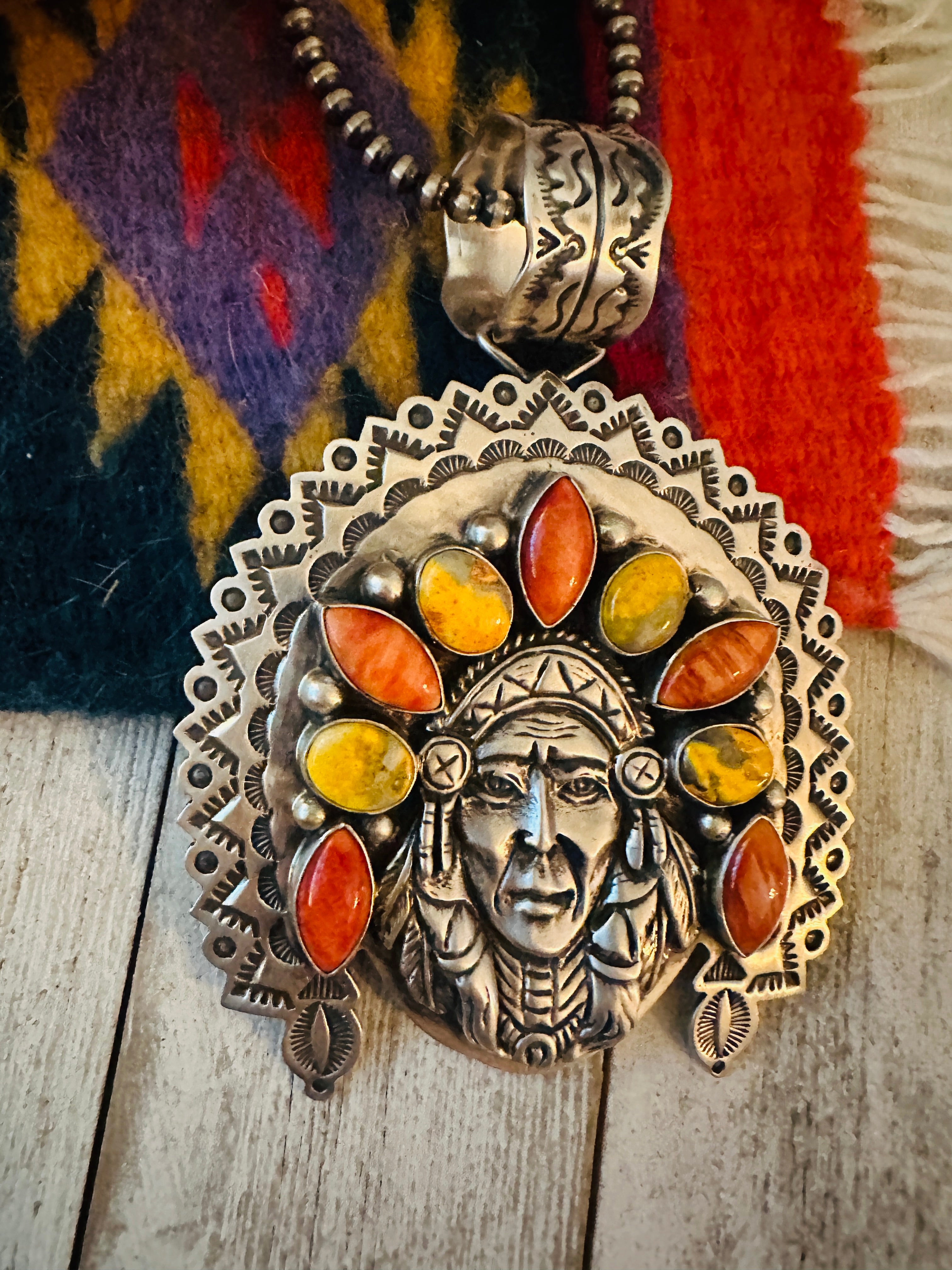 Navajo Spiny, Jasper & Sterling Silver Indian Chief Pendant