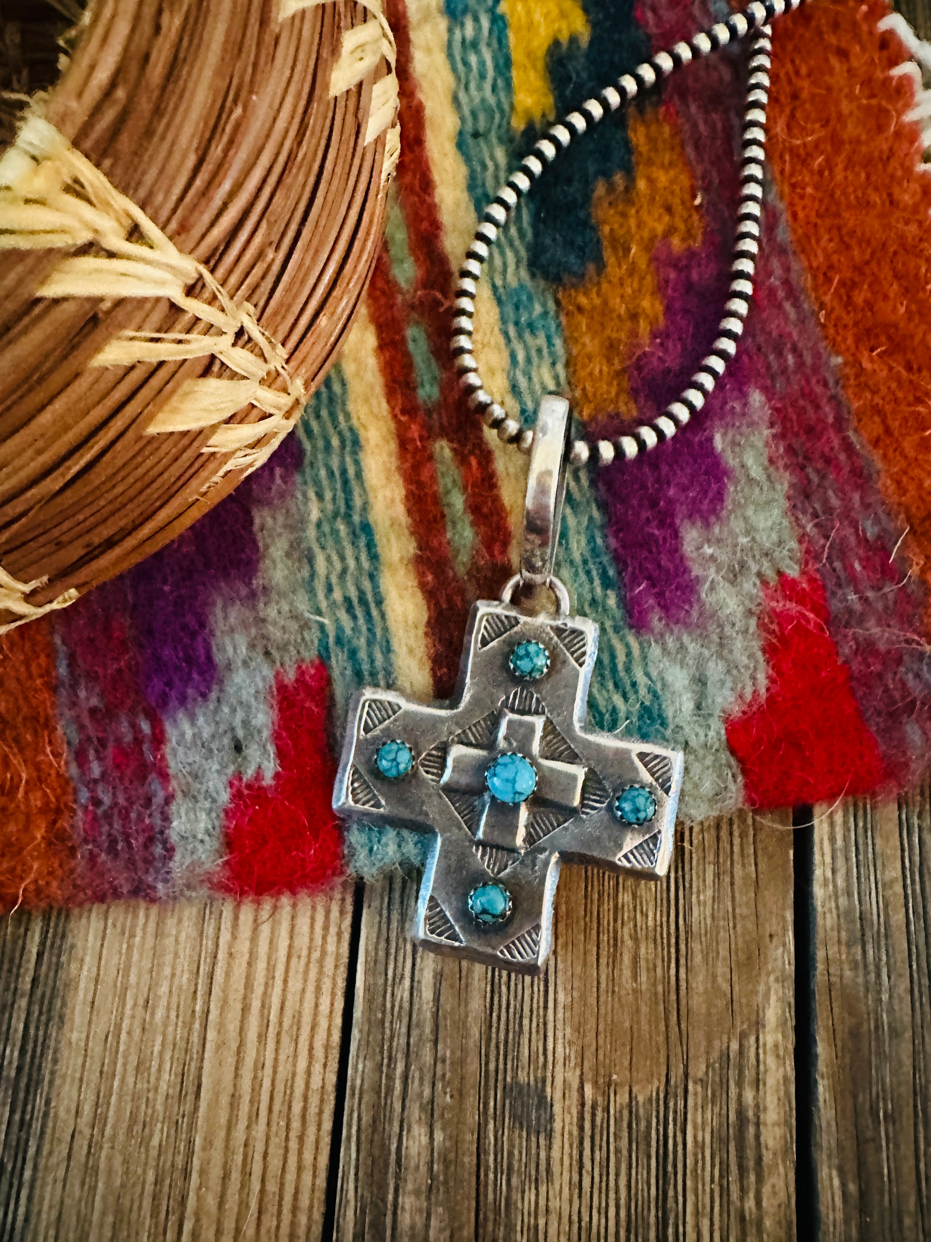Handcrafted Coin Silver & Turquoise Cross Pendant by Buffalo Dancer