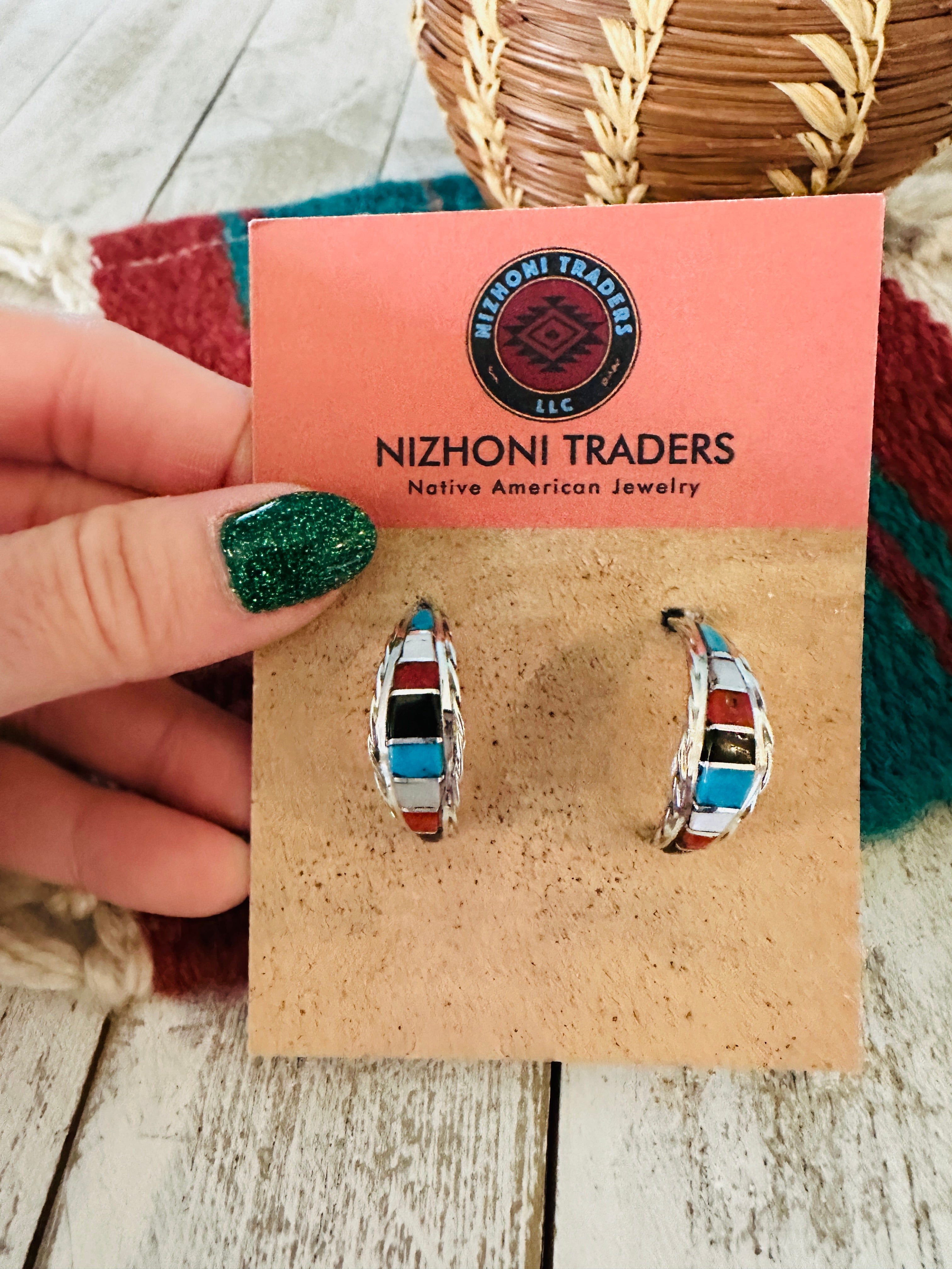 Navajo Multi Stone & Sterling Silver Inlay Cresent Hoop Earrings