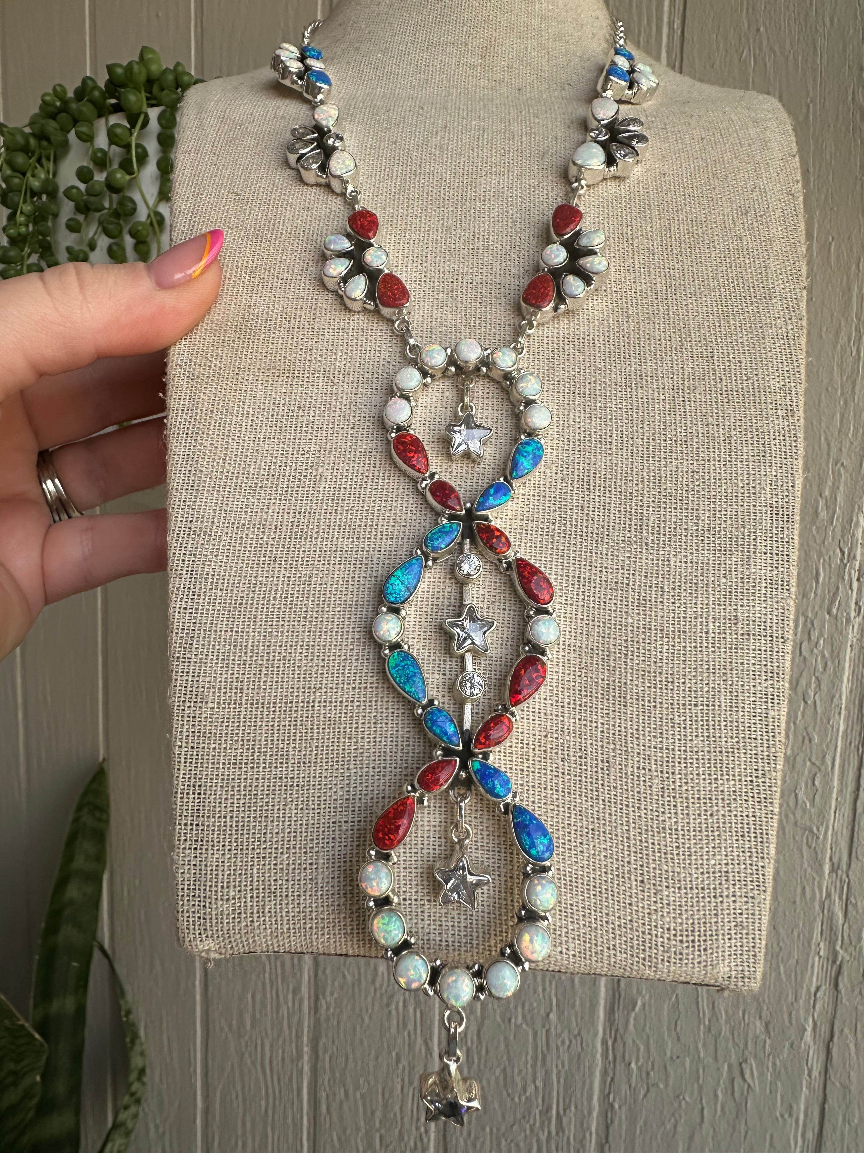 4th Of July Collection Handmade Sterling Silver & Red, White & Blue Fire Opal Statement Necklace