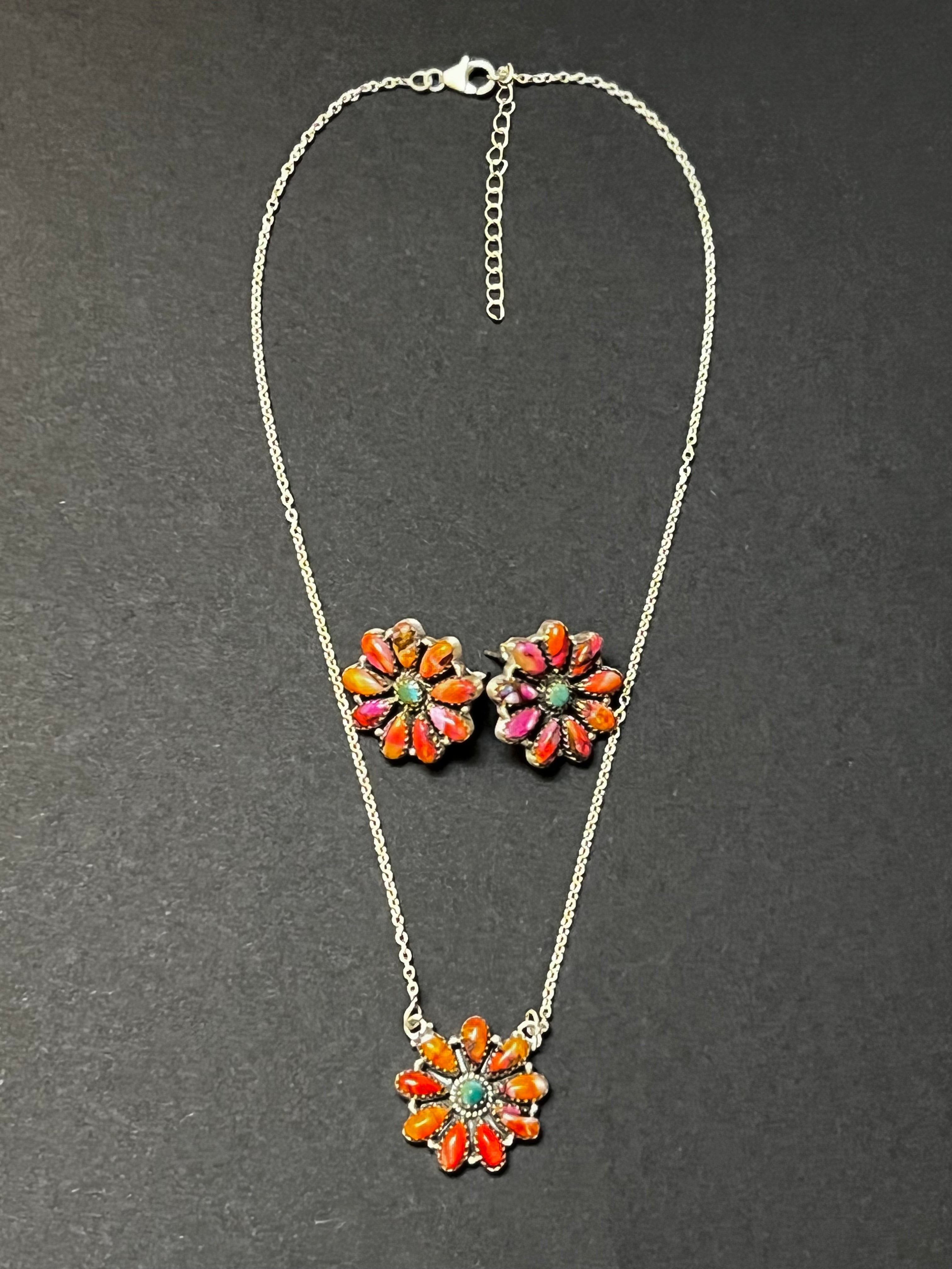 Handmade Sterling Silver Orange Dream Cluster Necklace & Earring Set