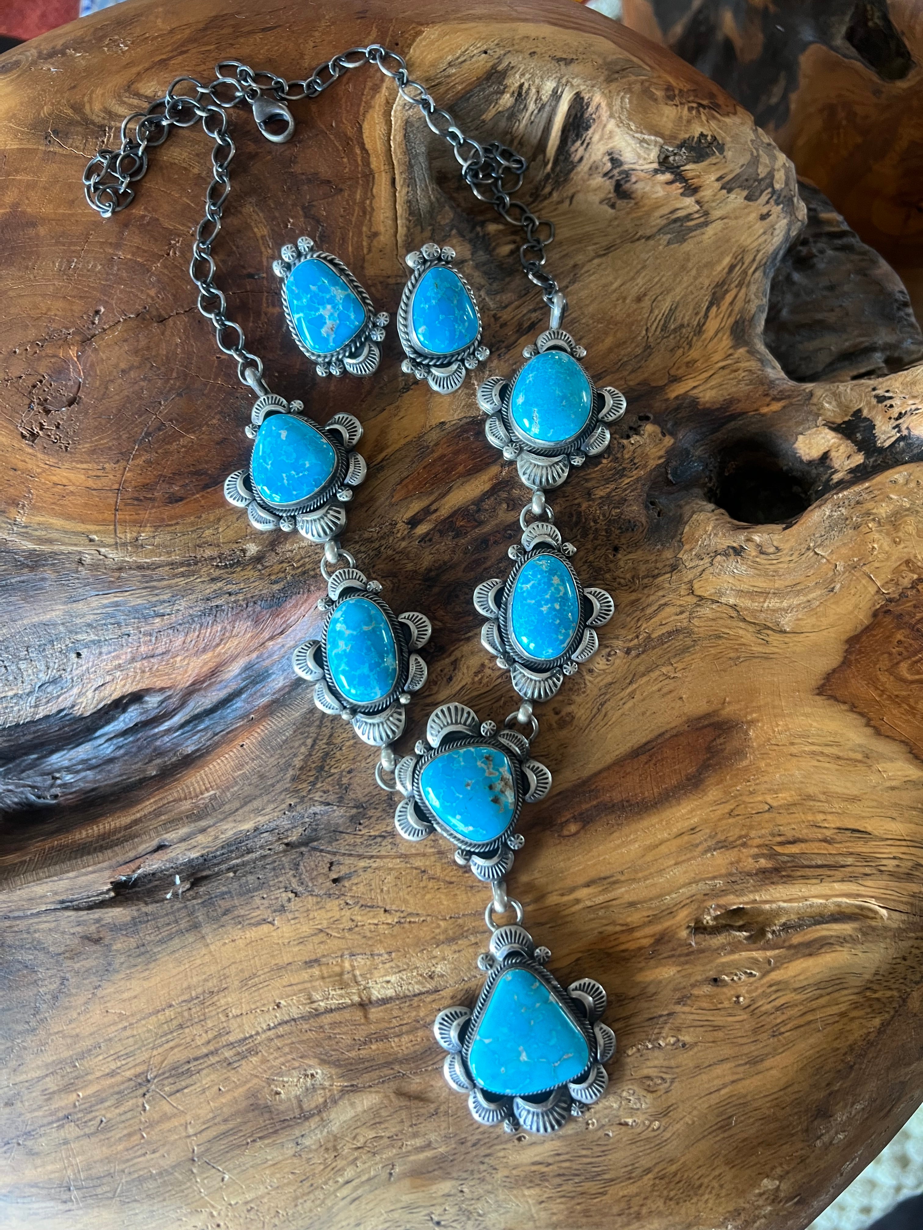 Handcrafted Stellar Sterling Silver and Whitewater Turquoise  Necklace and Earrings Set by Gilbert Tom