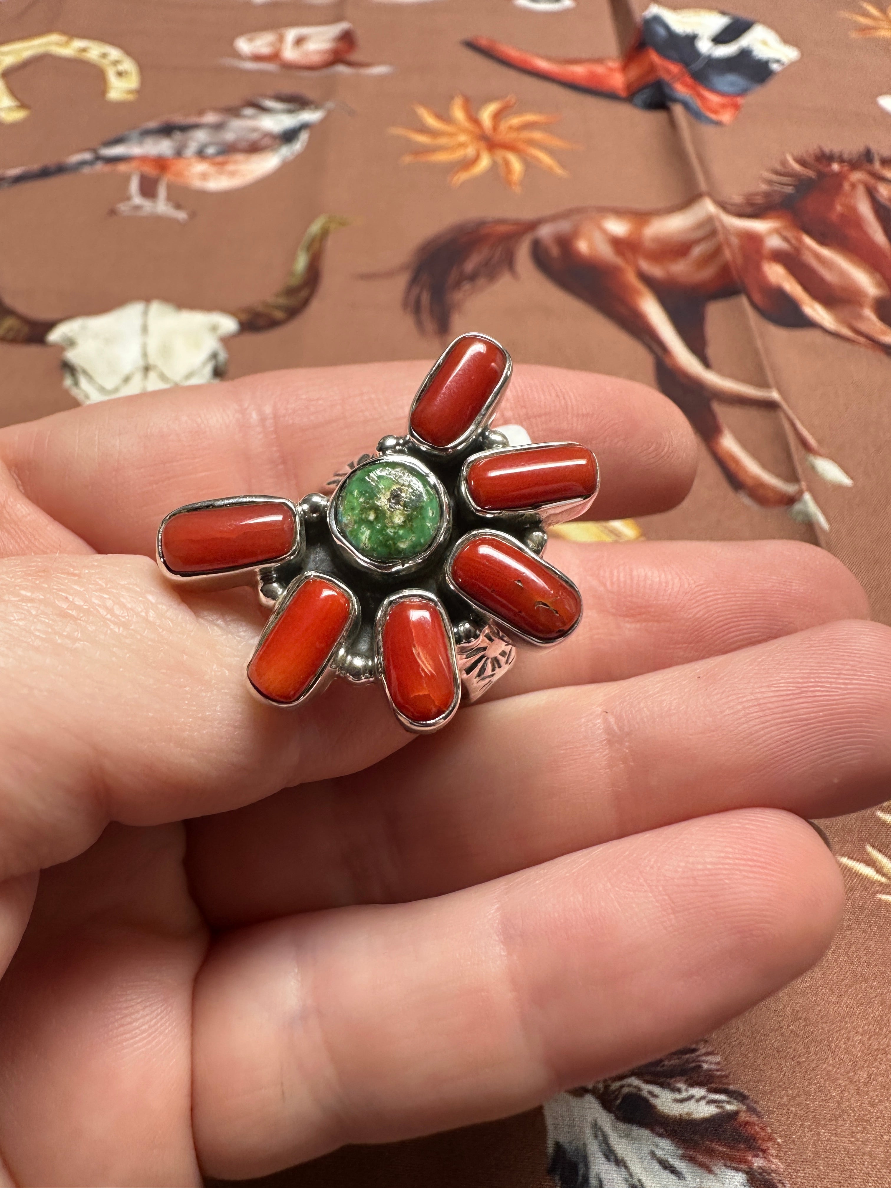 Beautiful Handmade Coral, Sonoran Turquoise And Sterling Silver Adjustable Crescent Ring