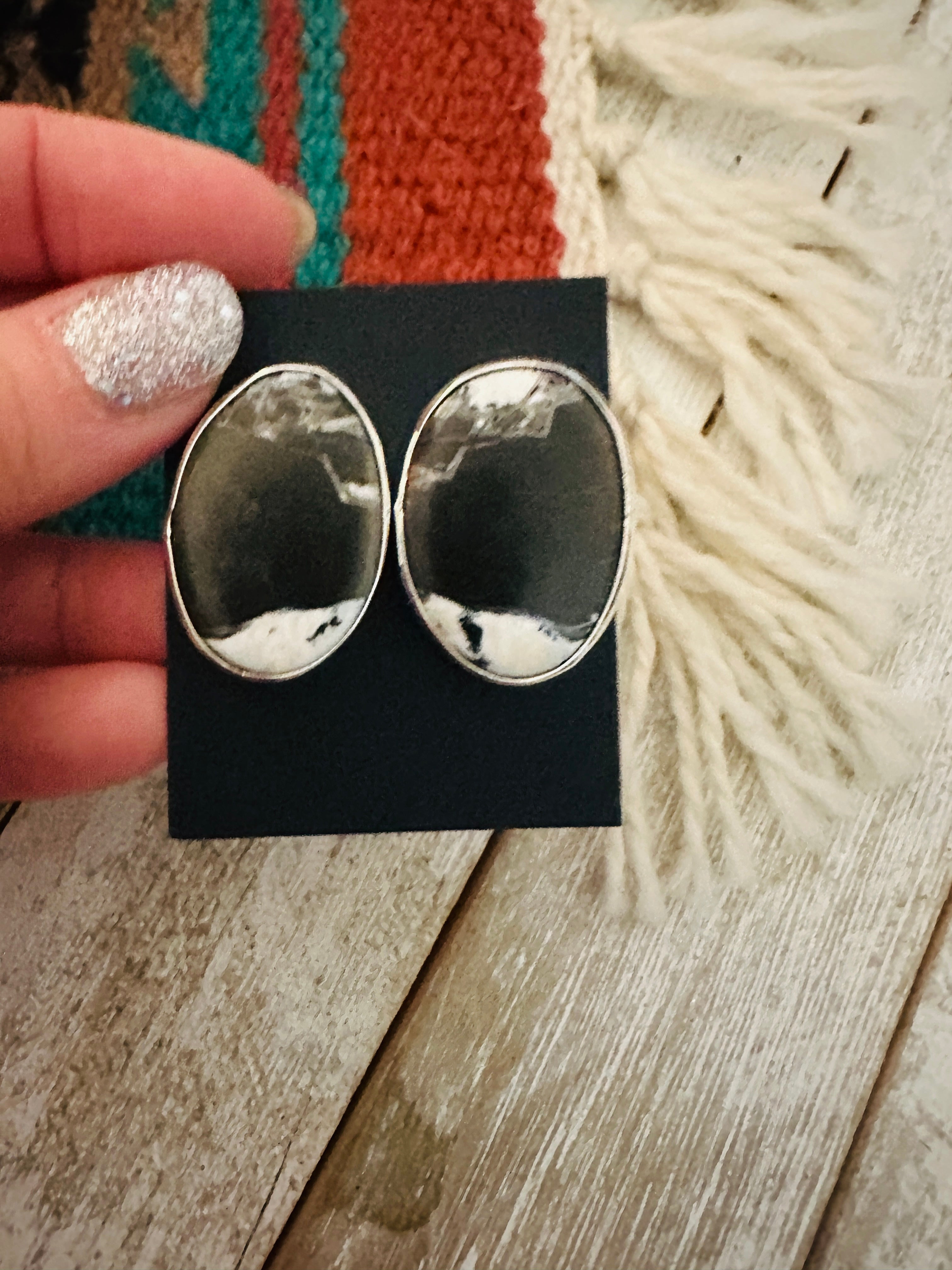 Navajo White Buffalo & Sterling Silver Post Earrings