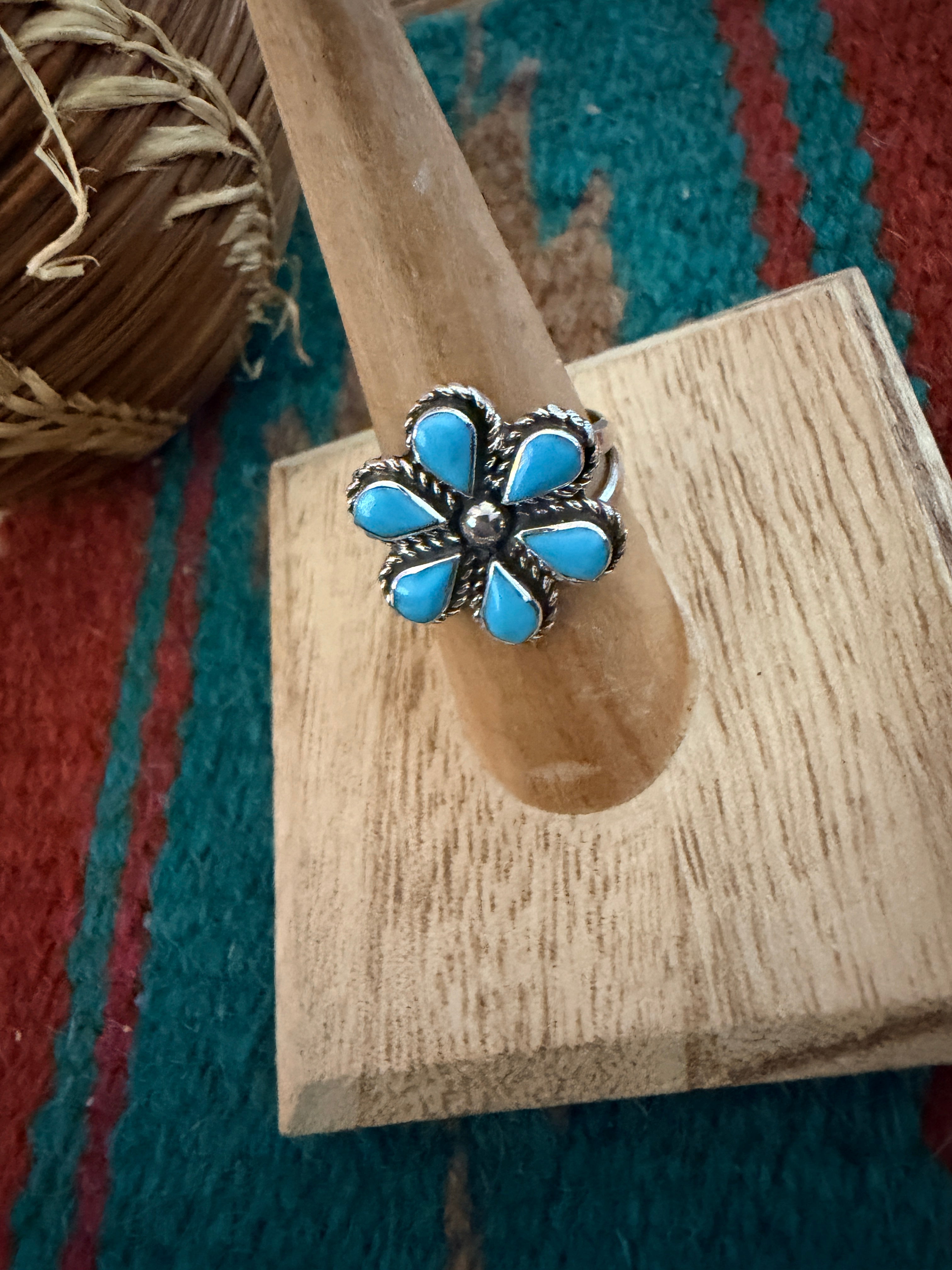 Handcrafted Turquoise & Sterling Silver Cluster Ring Size 7.75