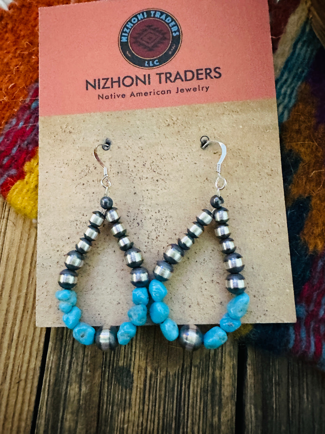 Handcrafted Turquoise & Sterling Silver Pearl Beaded Dangle Hoop Earrings