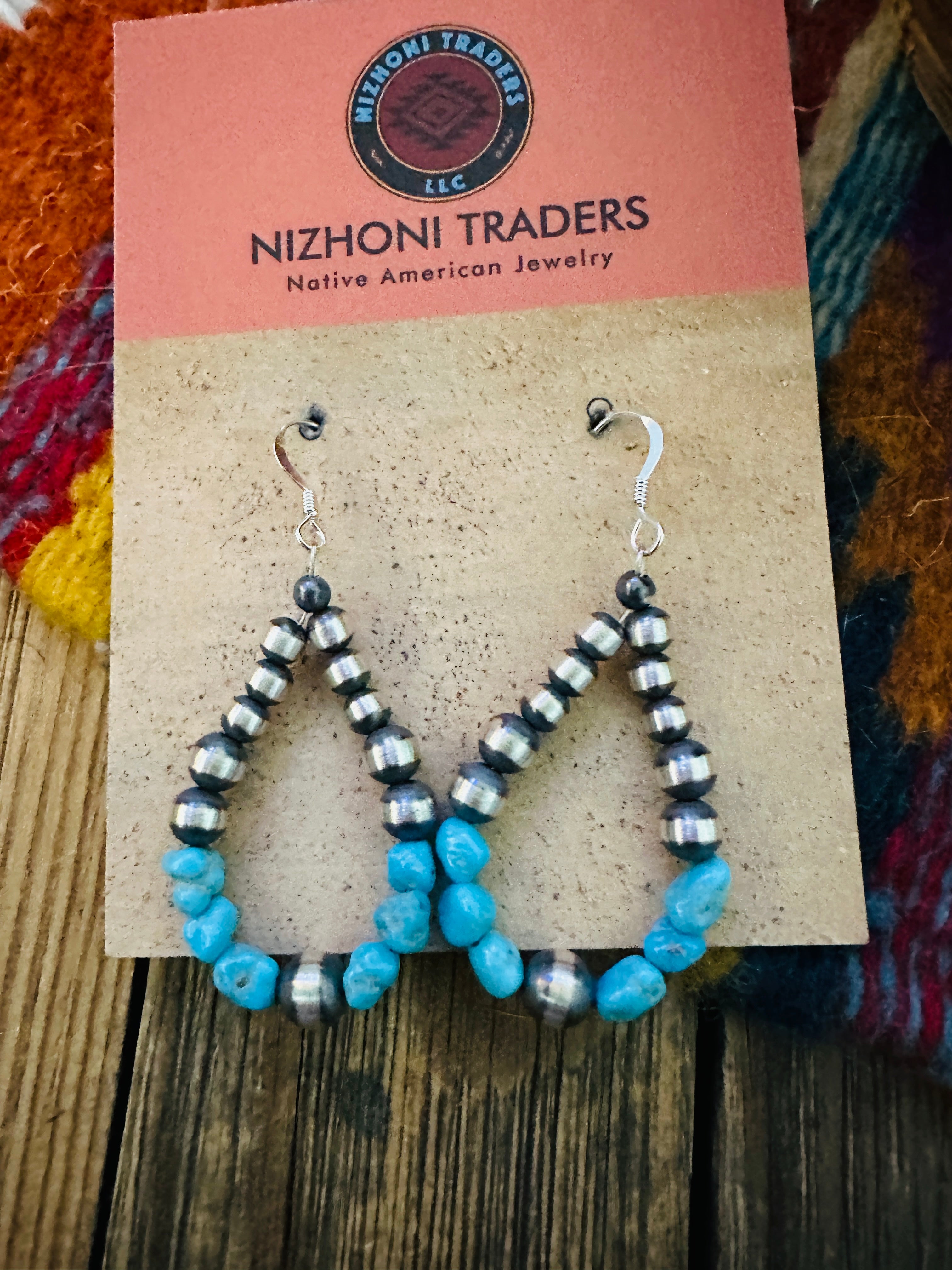 Handcrafted Turquoise & Sterling Silver Pearl Beaded Dangle Hoop Earrings
