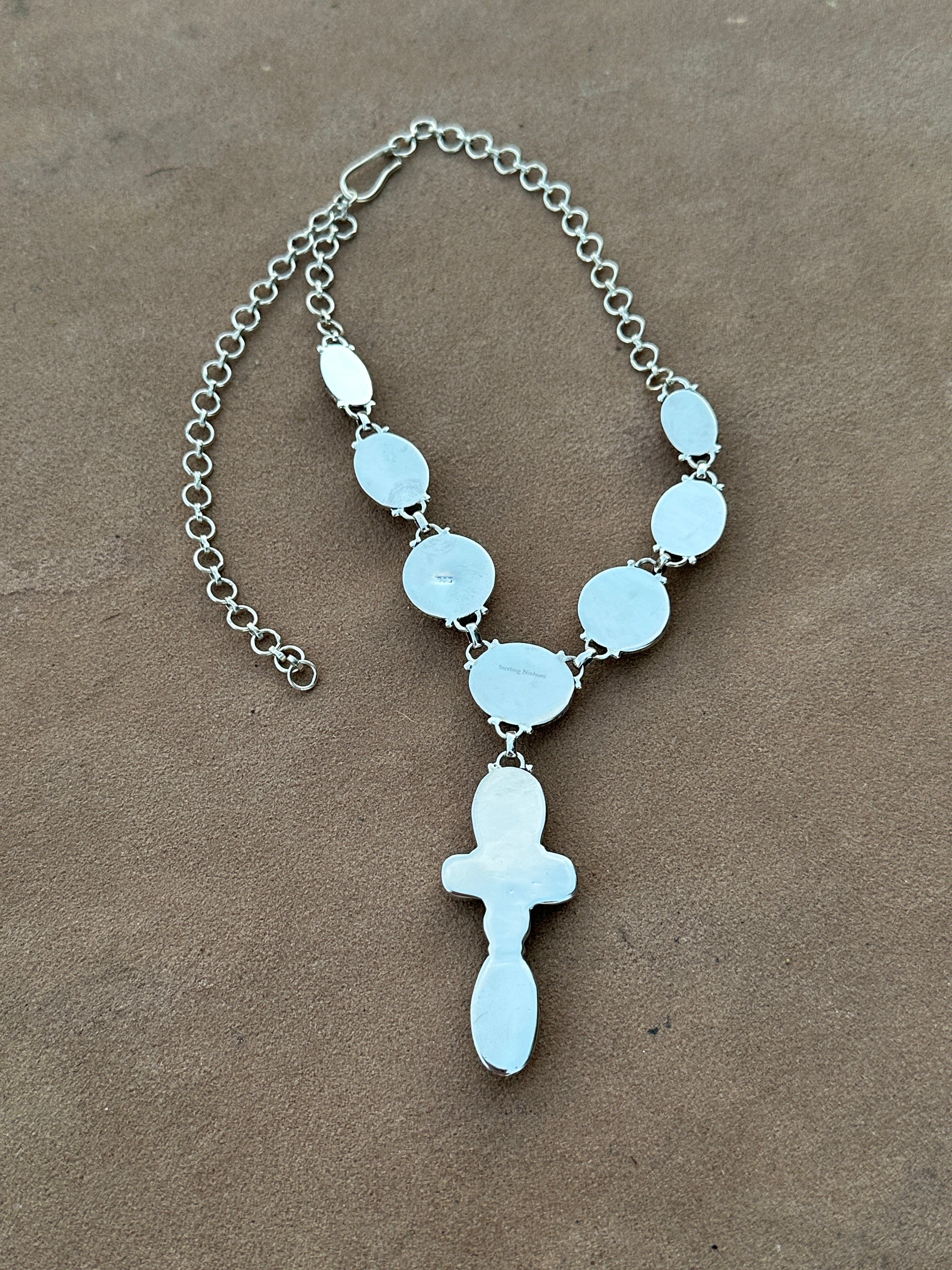 Handmade Royston Ribbon Cross Turquoise & Sterling Silver Lariat Necklace