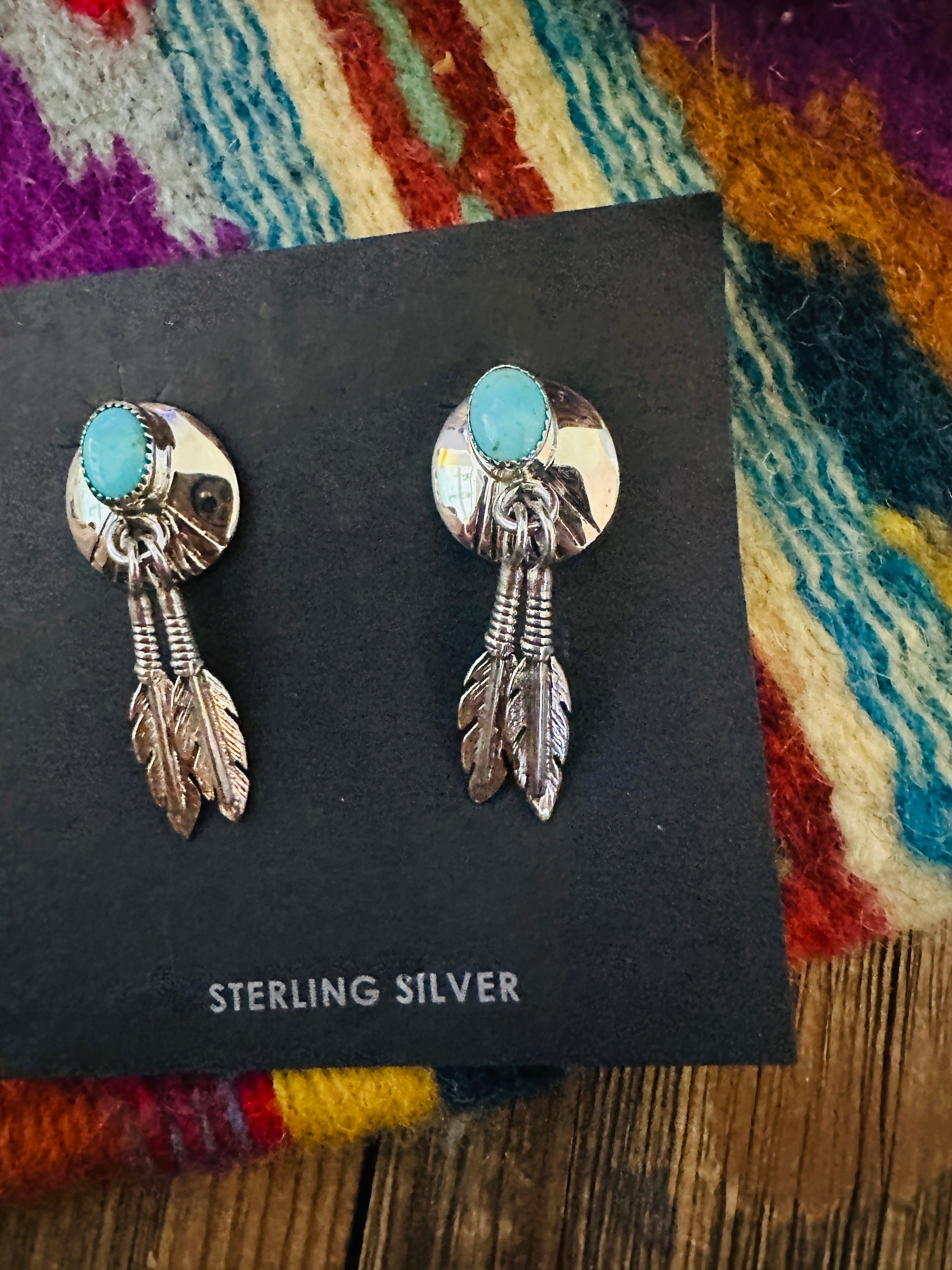 Handcrafted Turquoise & Sterling Silver Feather Dangle Earrings