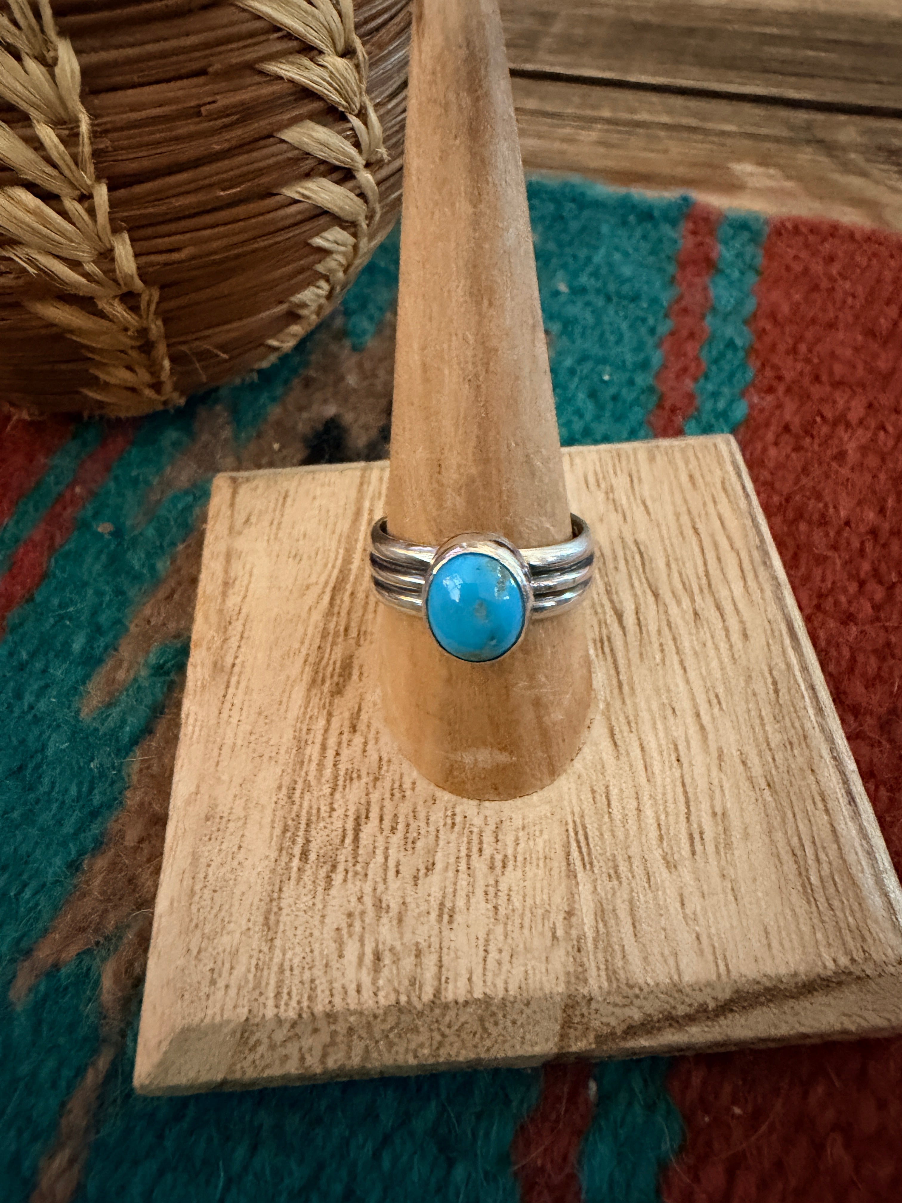 Handcrafted Turquoise & Sterling Silver Band Ring Size 9