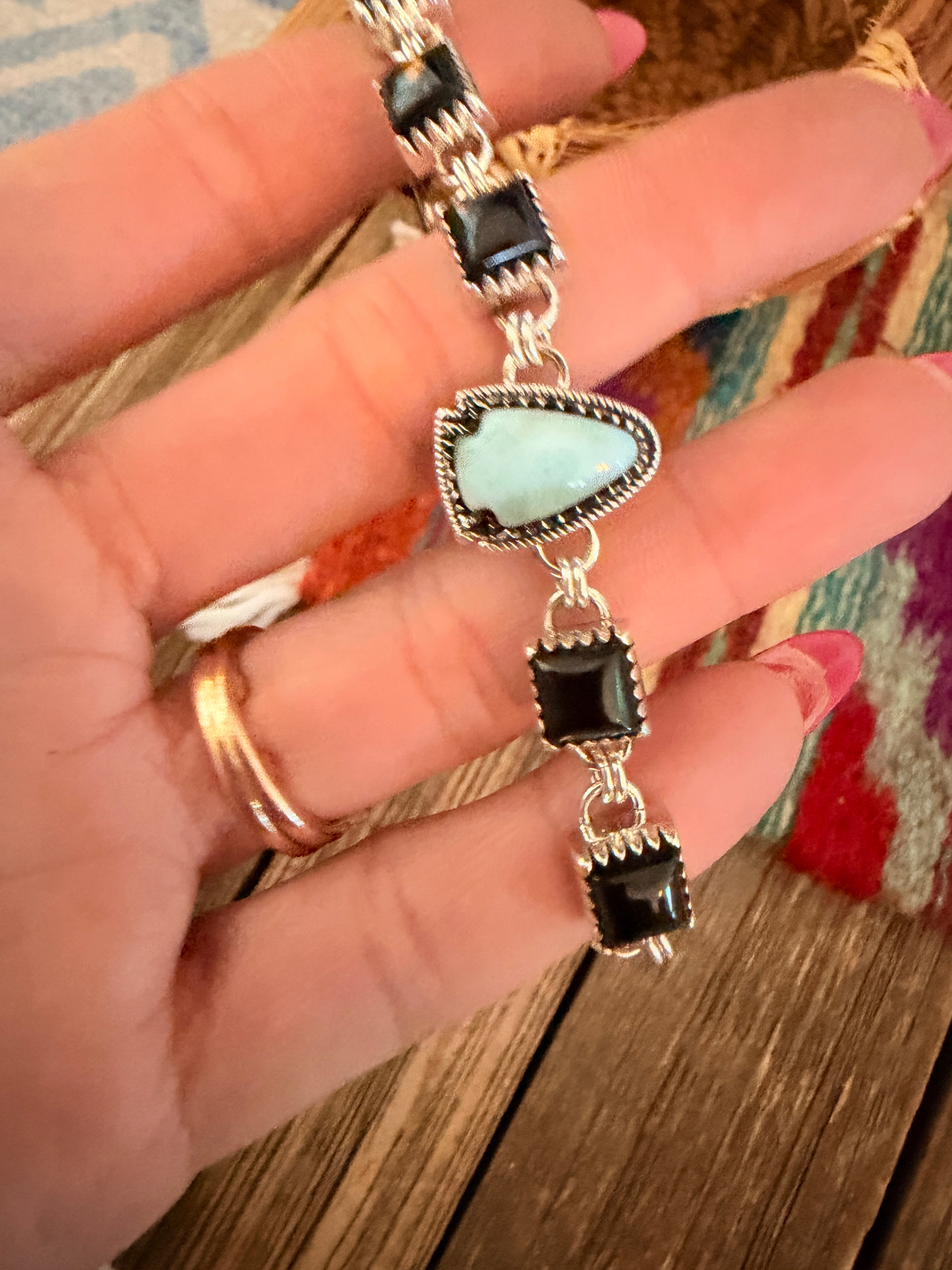Handmade Sterling Silver, Onyx and Larimar Arrowhead Link Bracelet
