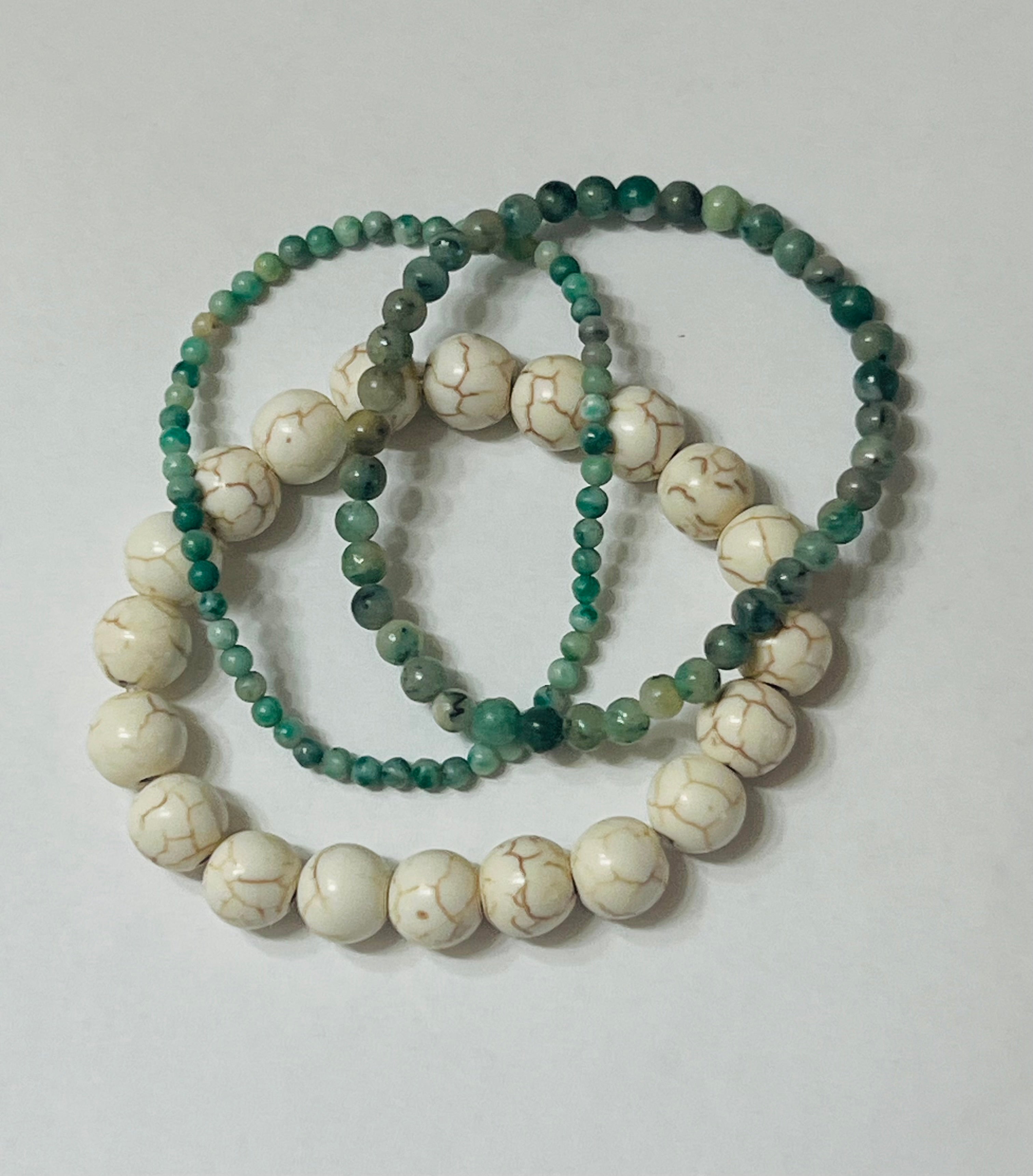 Cream Howlite Stretch Bracelet Set of 3- Green