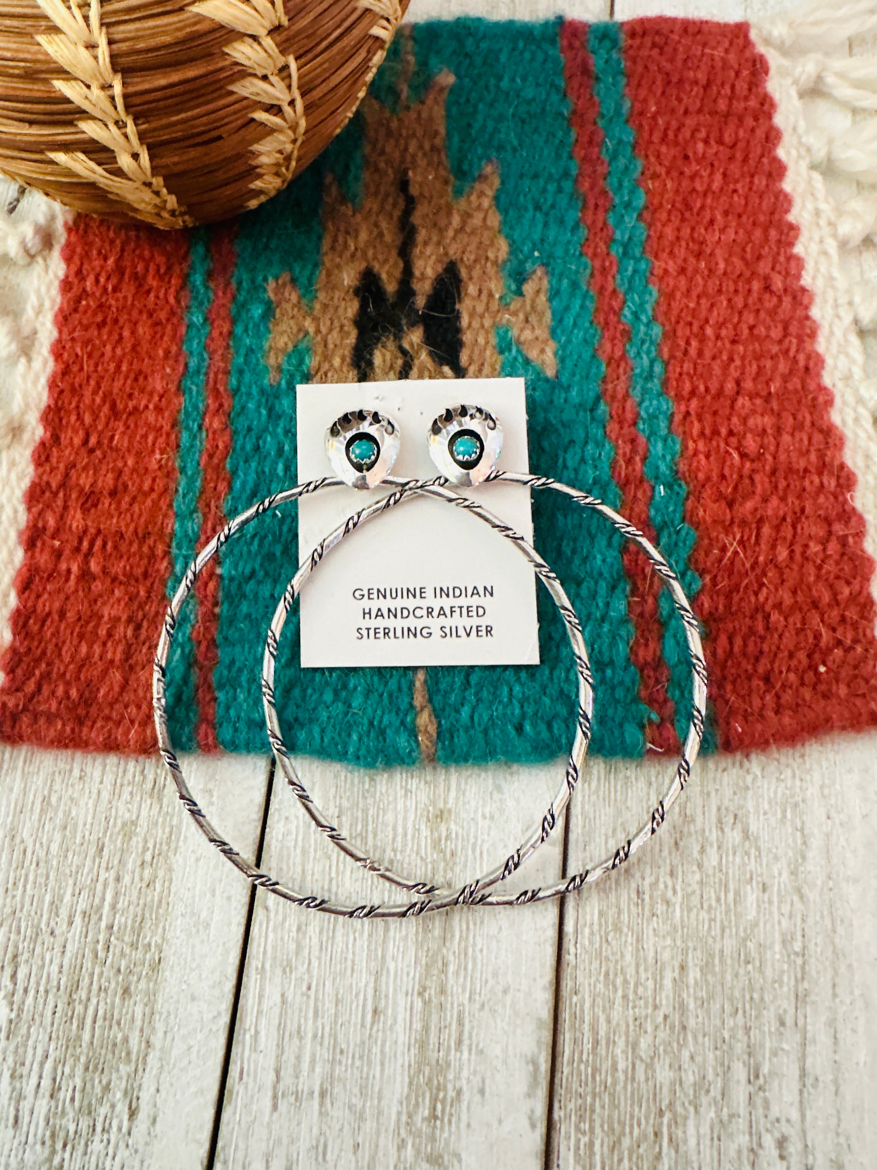 Handcrafted Turquoise & Sterling Silver Bear Paw Hoop Earrings