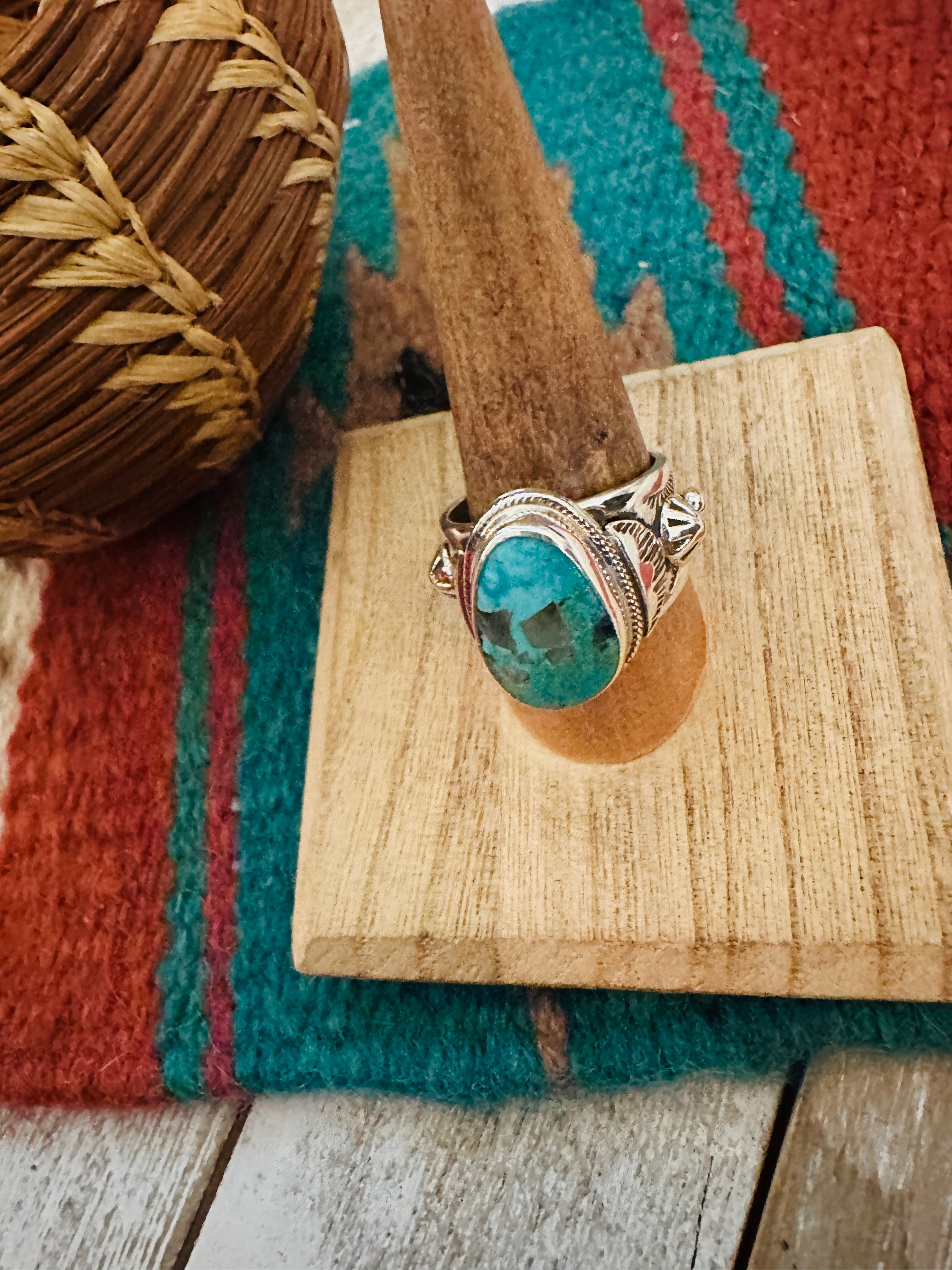 Navajo Sterling Silver & Turquoise Teardrop Cigar Band Ring Size 9