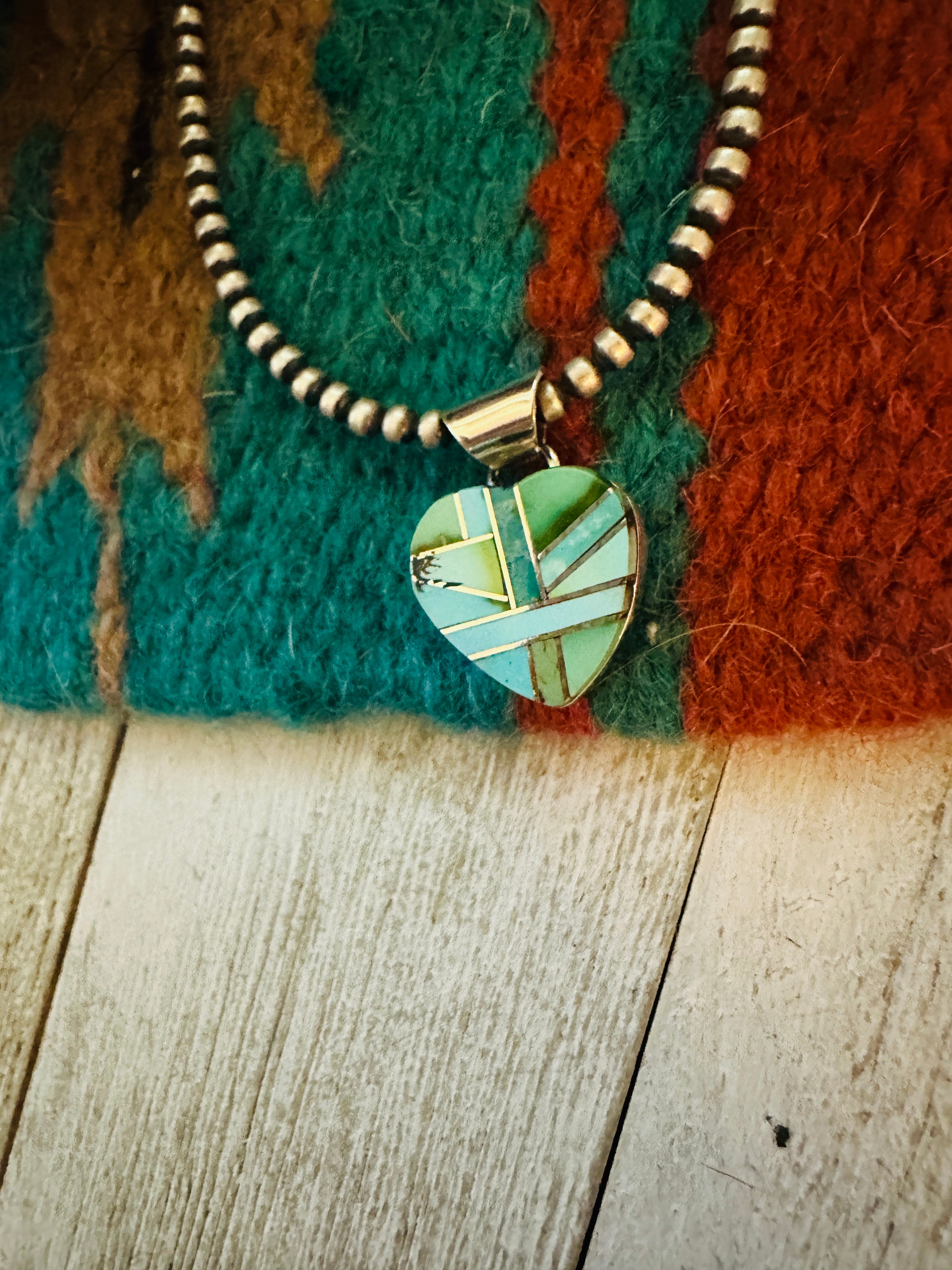 Navajo Turquoise & Sterling Silver Inlay Heart Pendant