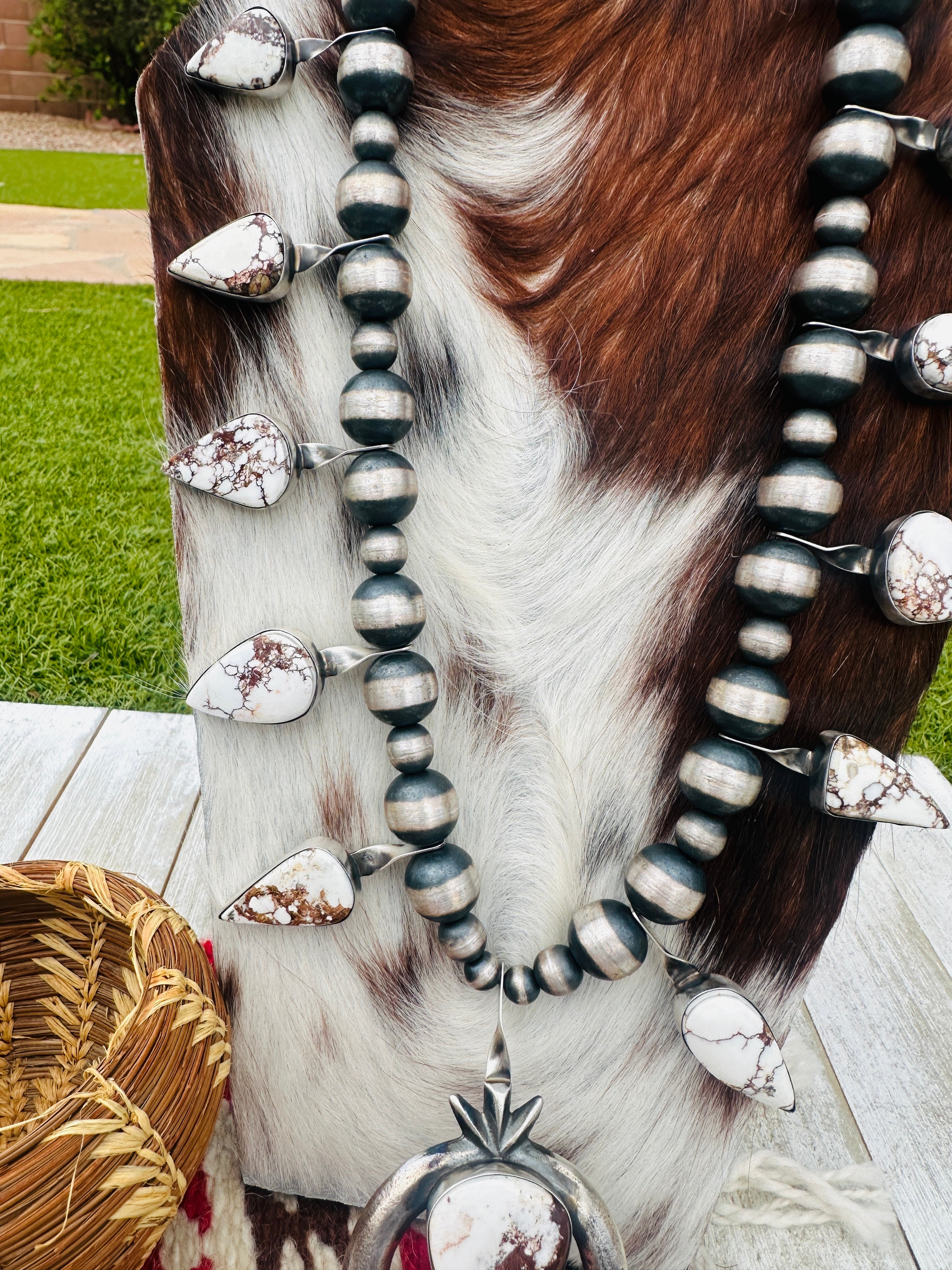 Handcrafted Wild Horse & Sterling Silver Beaded Squash Blossom Necklace by Chimney Butte