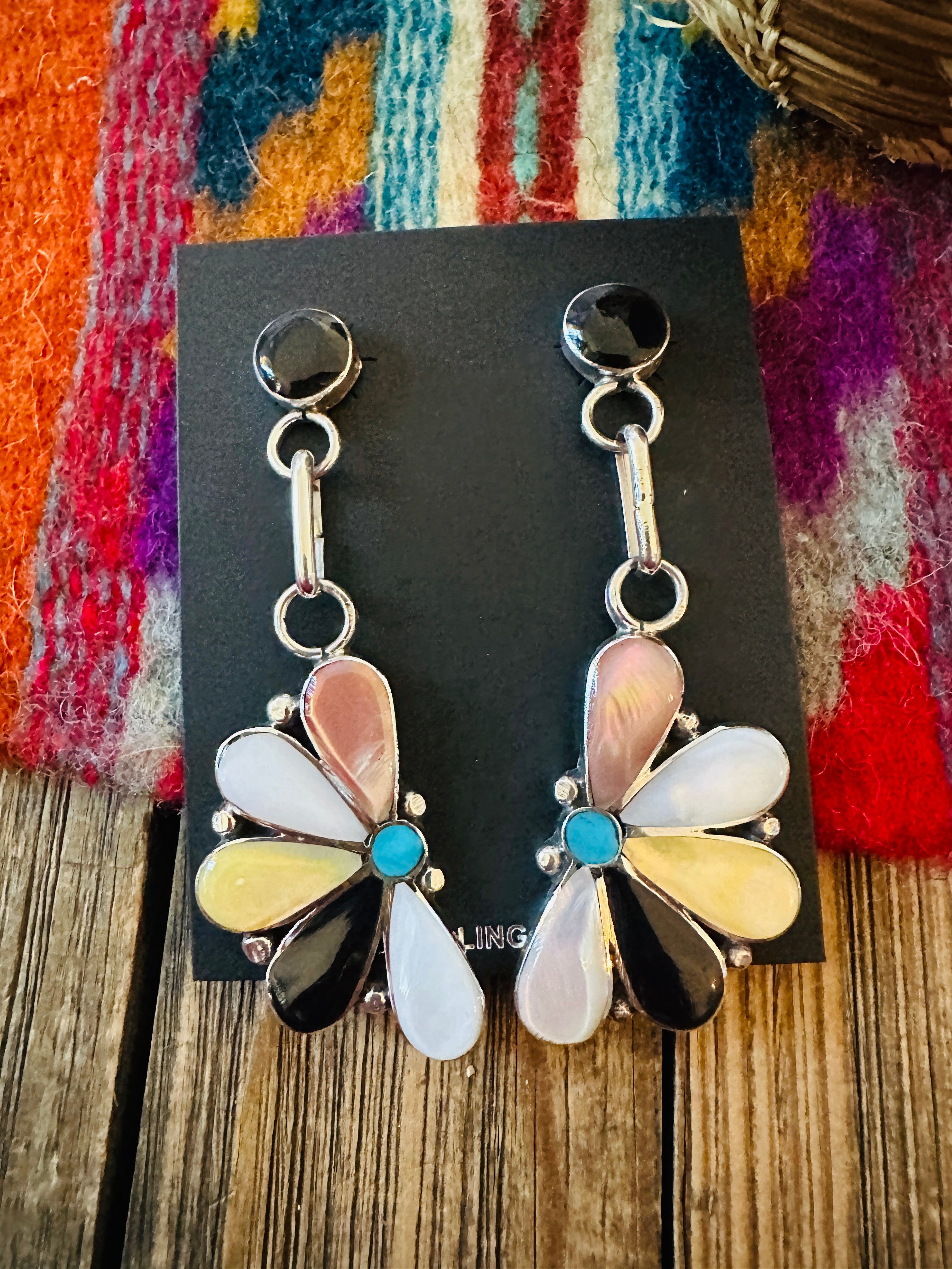 Handcrafted Sterling Silver, Mother of Pearl, Turquoise & Jet Inlay Flower Dangle Earrings